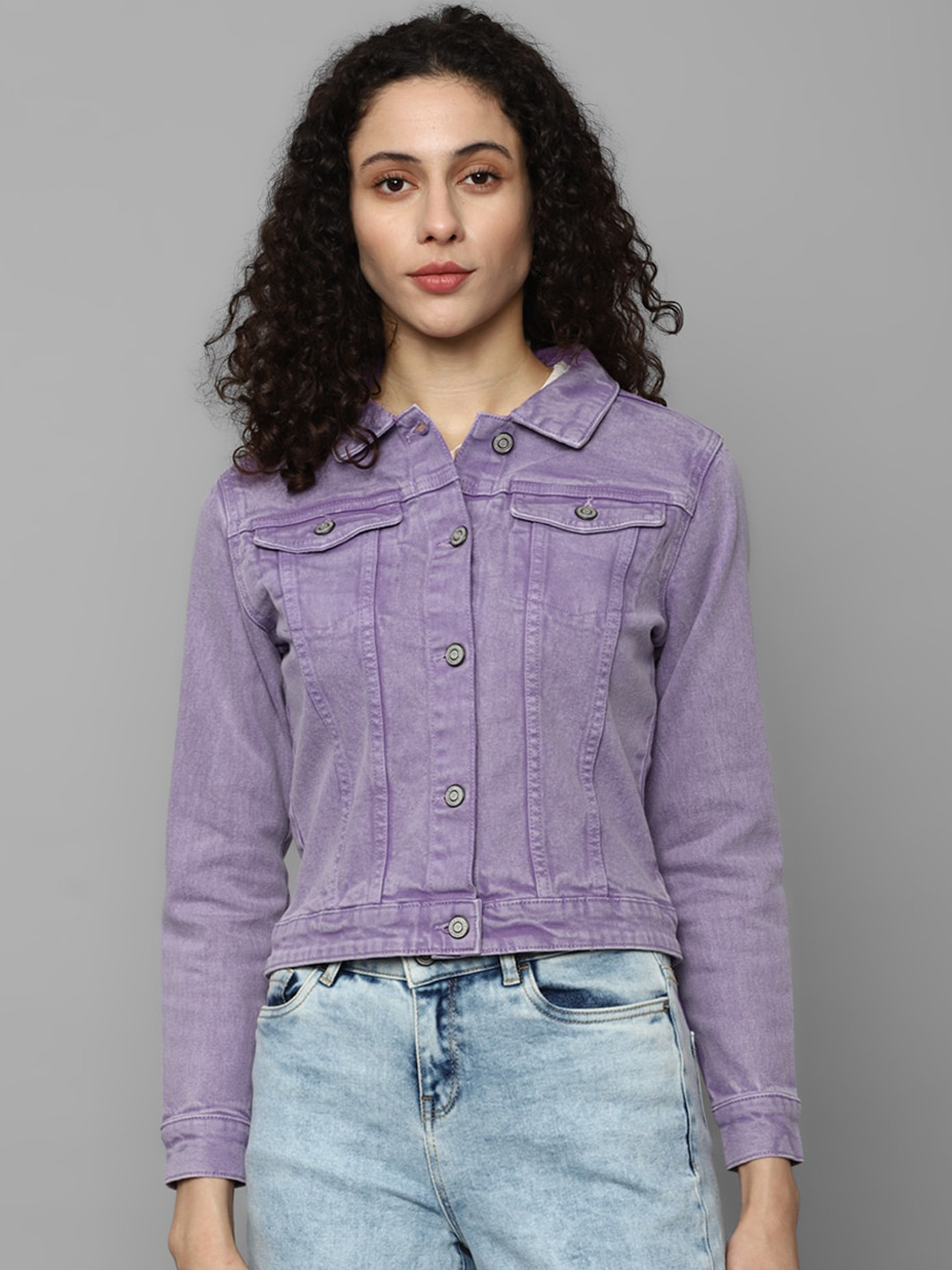 Allen Solly Woman Washed Spread Collar Crop Denim Jacket