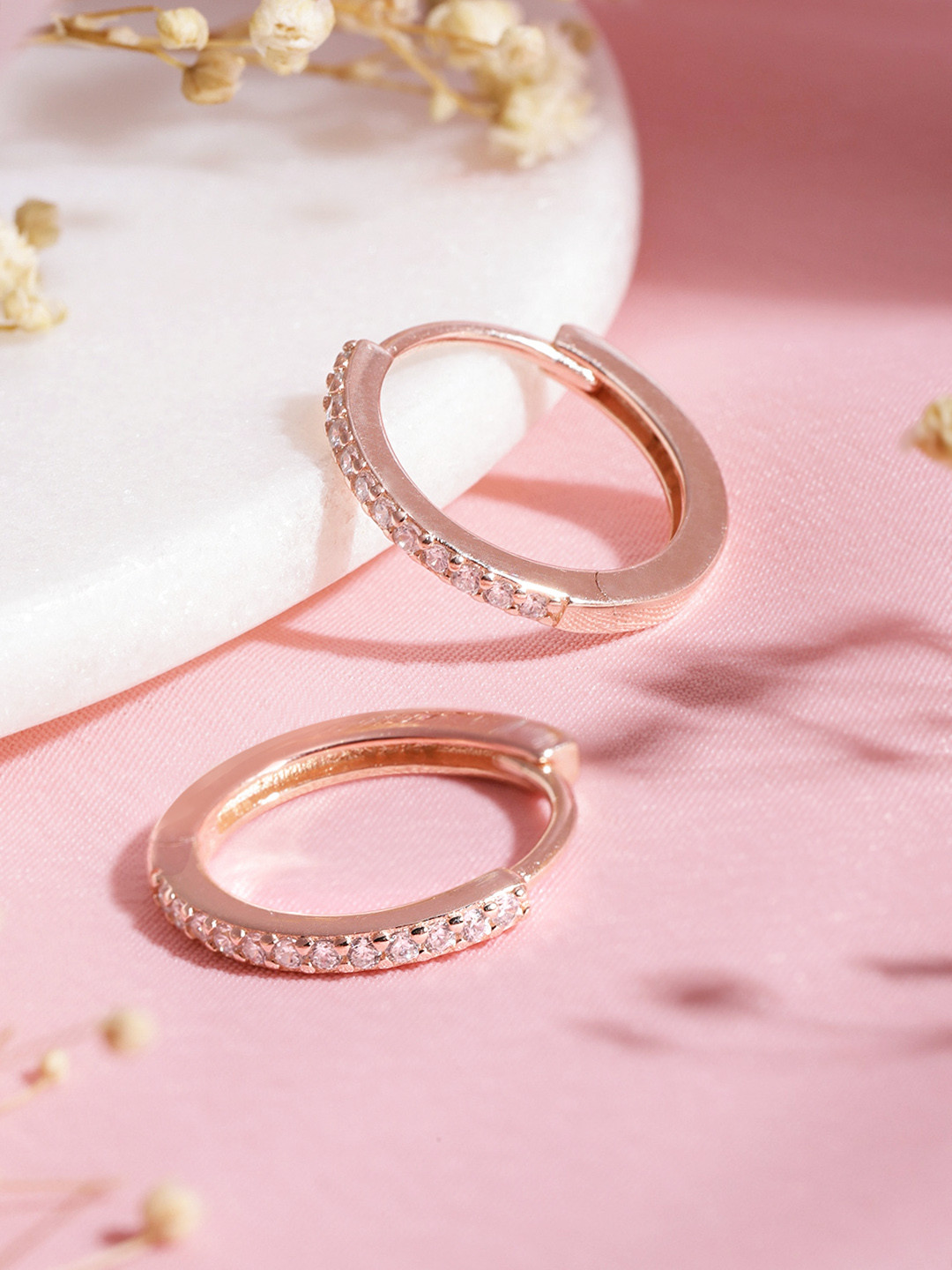 Zavya Contemporary Rose-Gold Plated 925 Sterling Silver CZ Studded Hoop Earrings