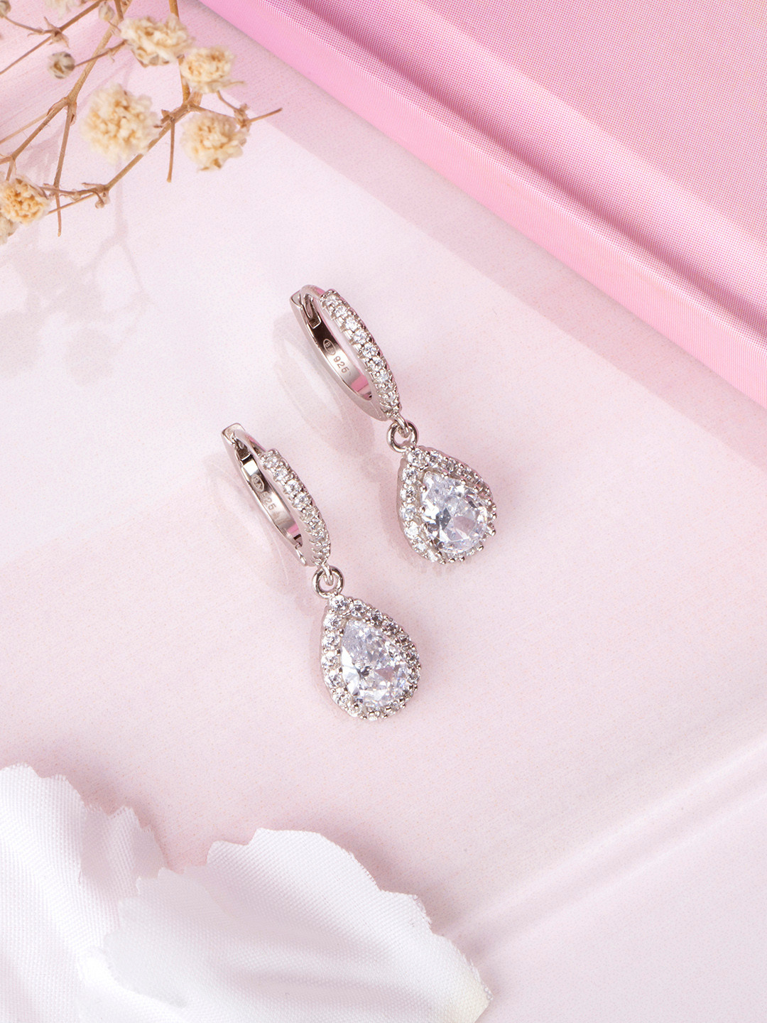Zavya Teardrop Shaped Rhodium-Plated 925 Sterling Silver CZ Studded Hoop Earrings