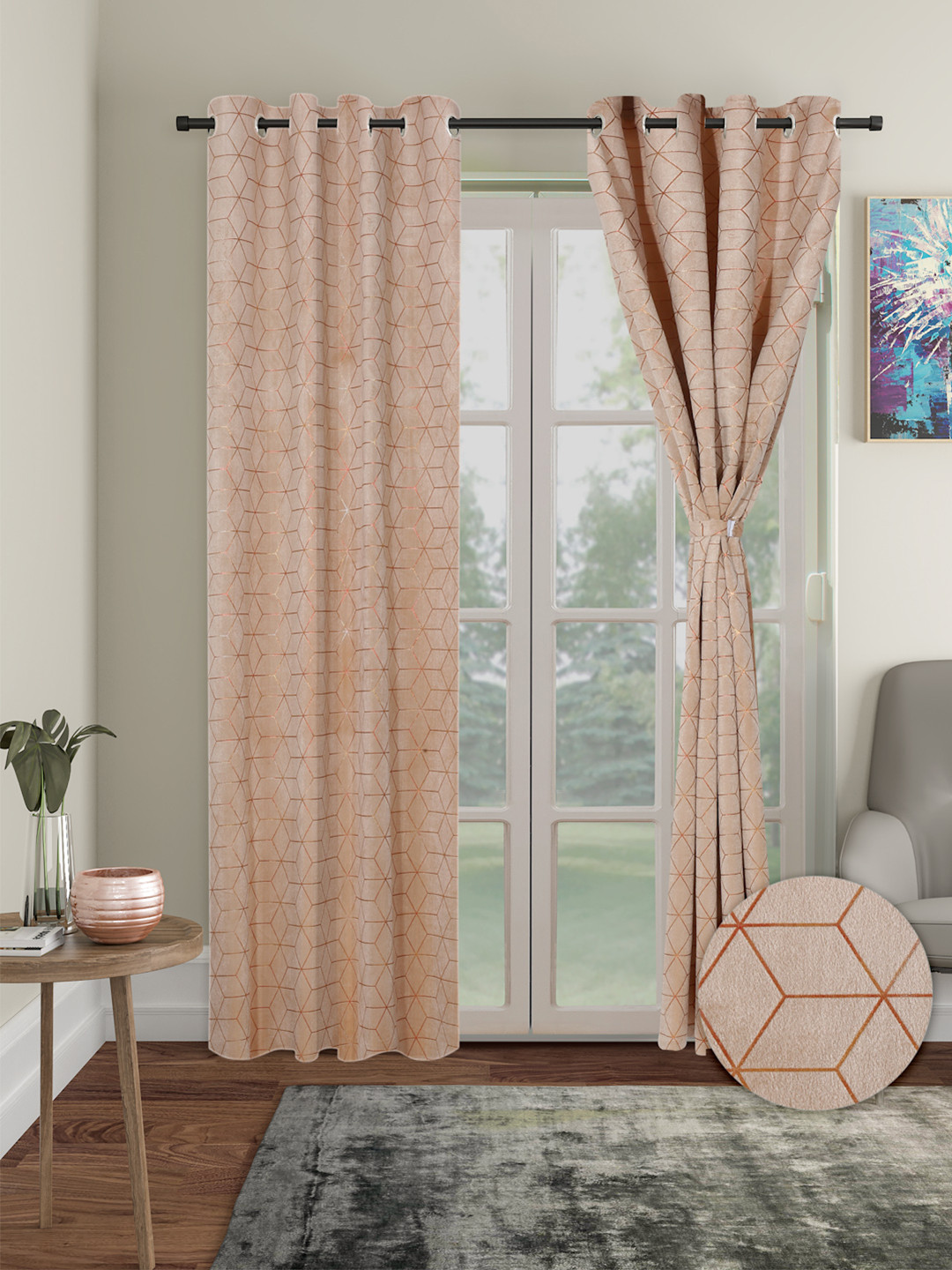 Cortina Peach Geometric Velvet Door Curtain - 7 Feet