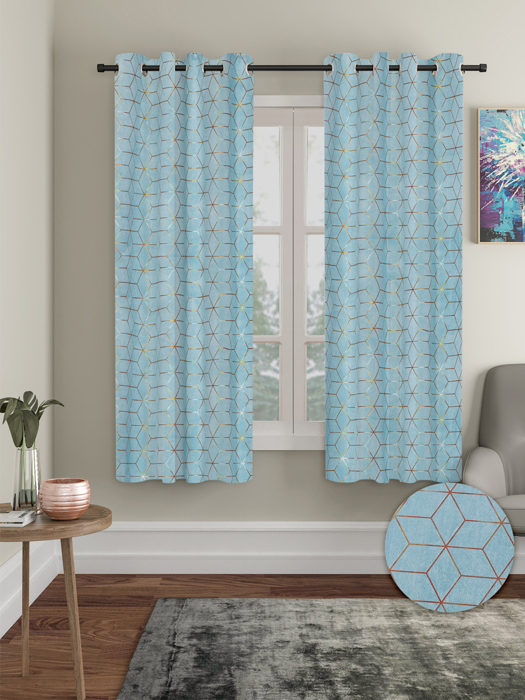 Cortina Blue Geometric 2 Pieces Velvet Room Darkening Window Curtains