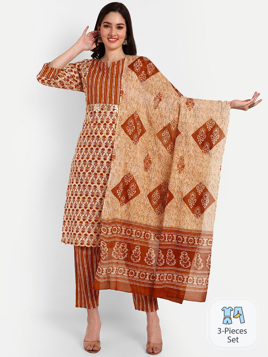 Krati Creations Floral Printed Gotta Patti Pure Cotton Kurta with Trousers & Duaptta