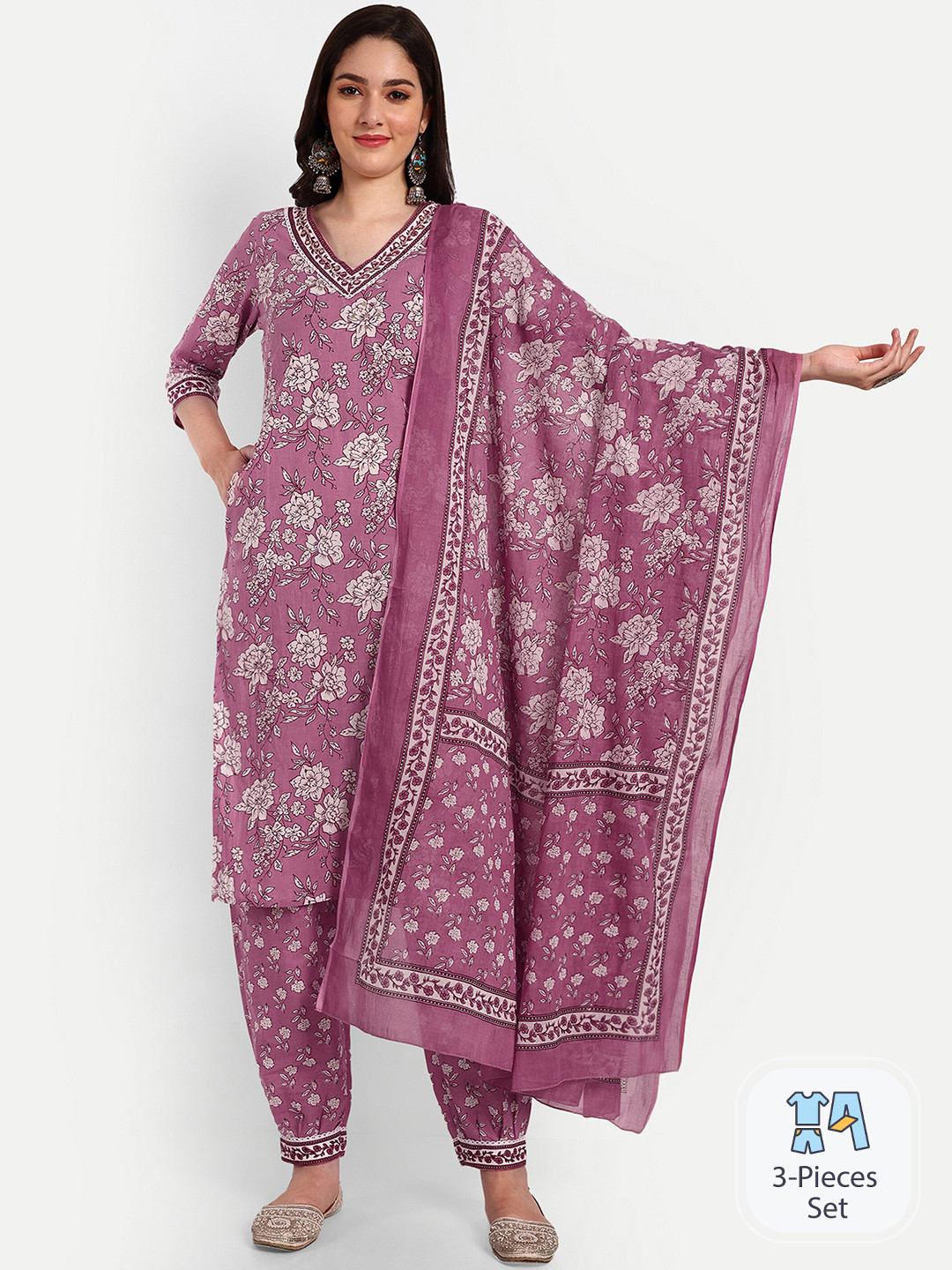 Krati Creations Floral Printed Regular Beads and Stones Pure Cotton Kurta With Trousers