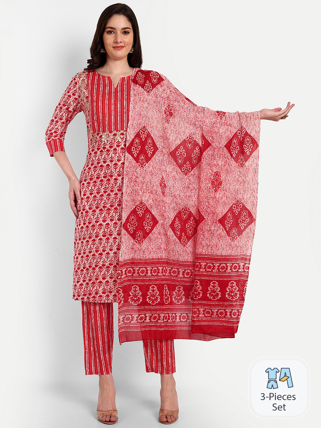 Krati Creations Floral Printed Gotta Patti Pure Cotton Kurta with Trousers & Dupatta