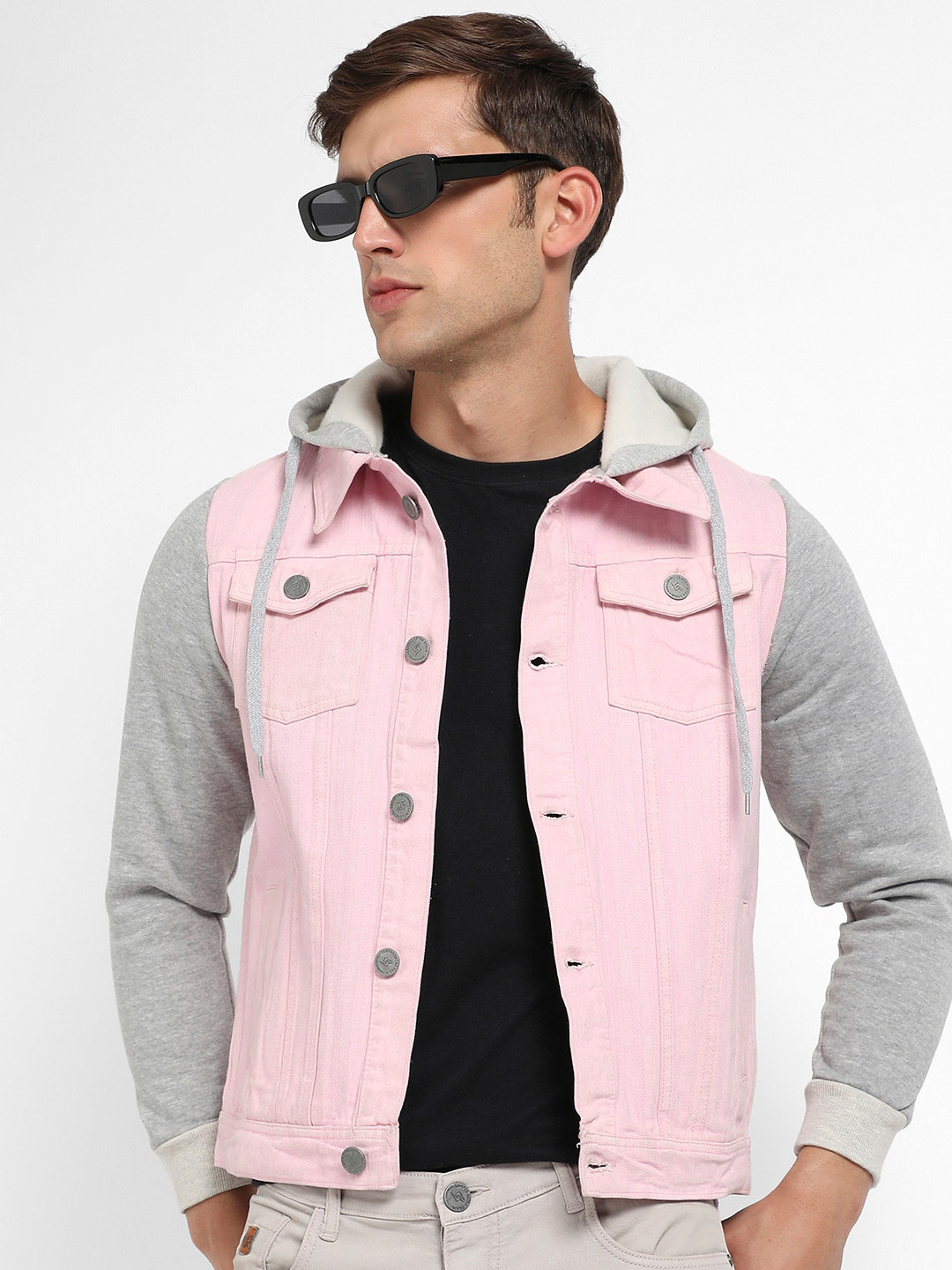 Campus Sutra Hooded Windcheater Outdoor Denim Jacket with Patchwork