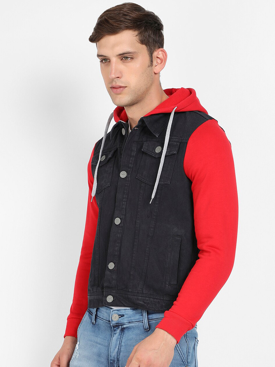 Campus Sutra Black & Red Colourblocked Windcheater Hooded Cotton Denim Jacket