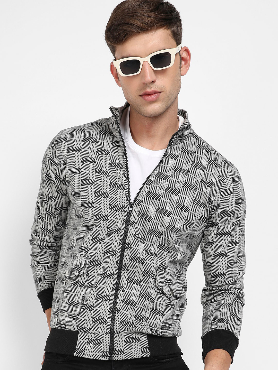 Campus Sutra Grey Windcheater Checked Mock Collar Cotton Bomber Jacket