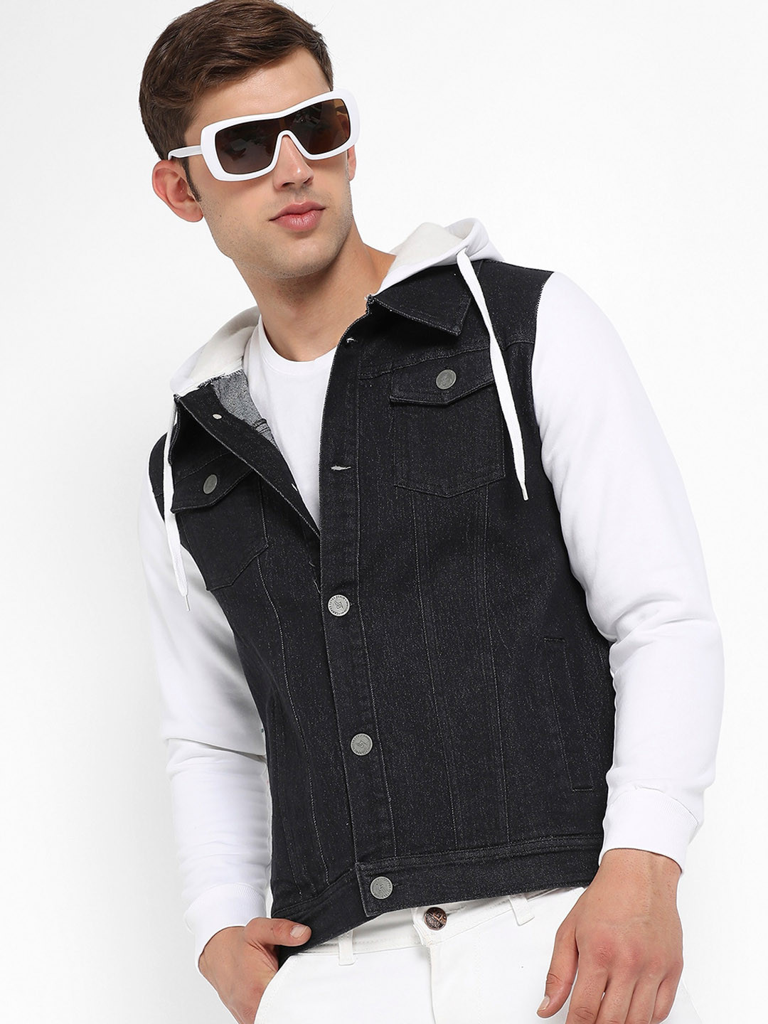 Campus Sutra White & Black Colourblocked Windcheater Cotton Denim Jacket