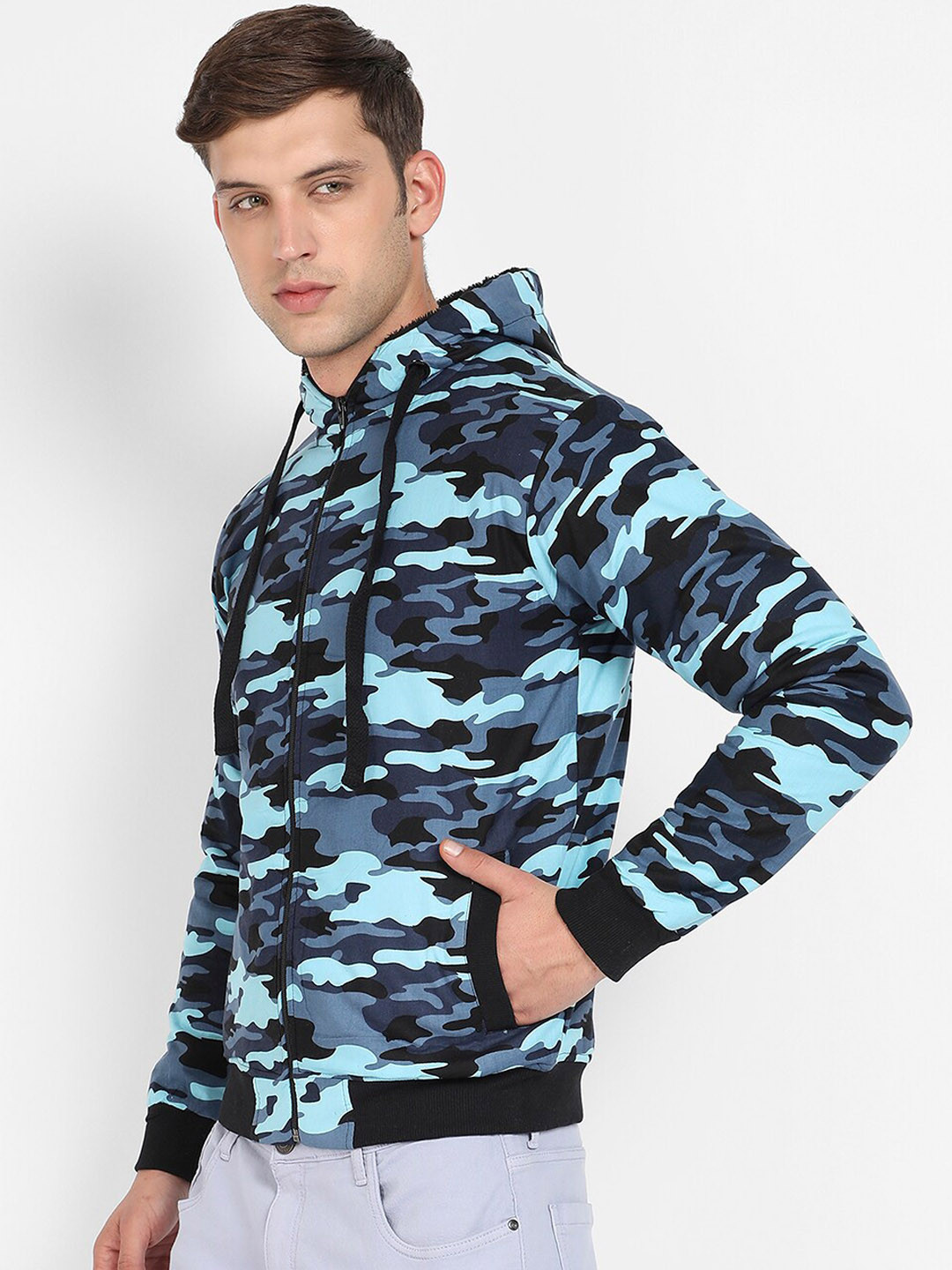 Campus Sutra Blue Windcheater Camouflage Printed Hooded Cotton Bomber Jacket