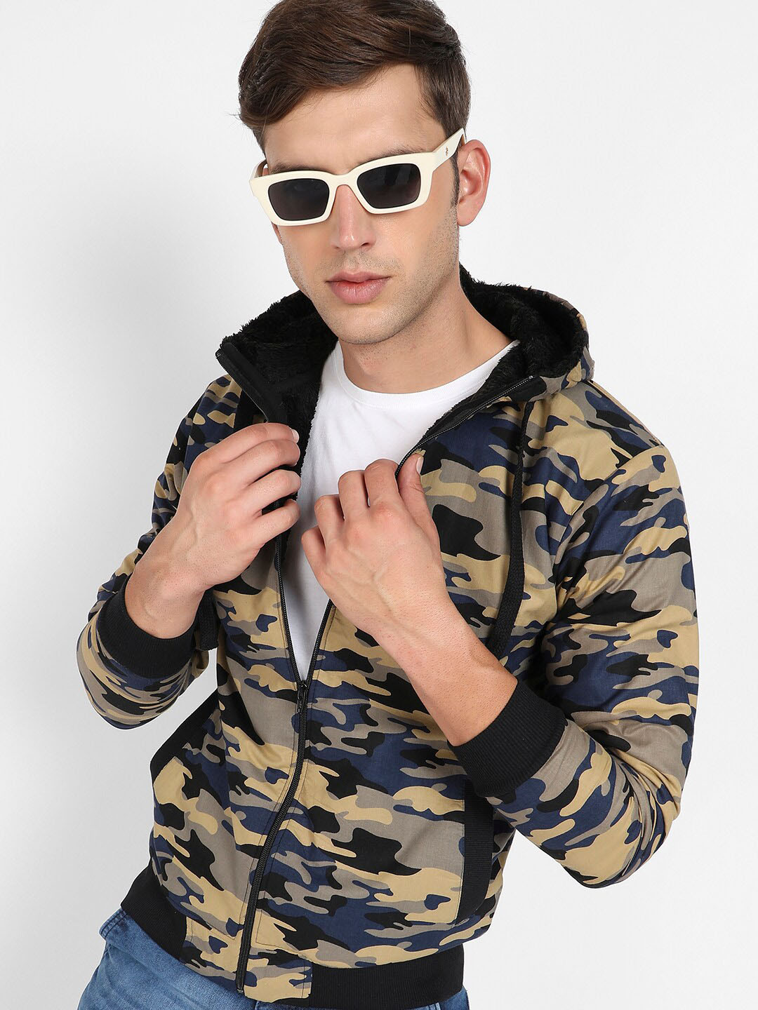 Campus Sutra Navy Blue & Beige Camouflage Windcheater Hooded Cotton Bomber Jacket
