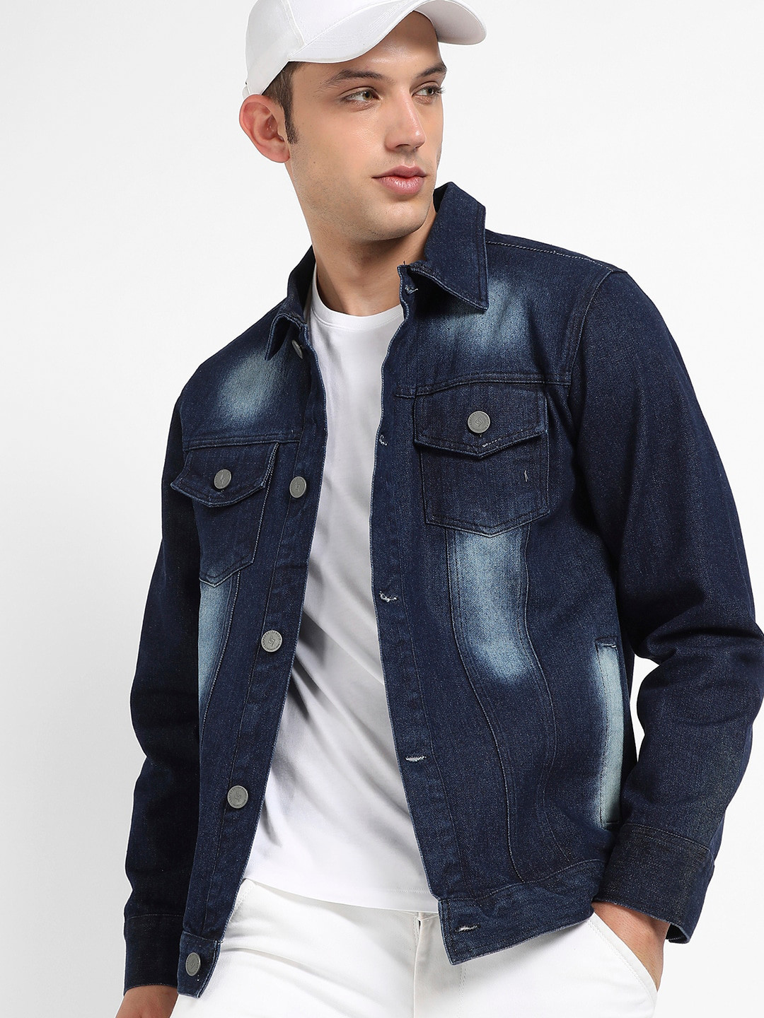 Campus Sutra Navy Blue Windcheater Washed Cotton Denim Jacket