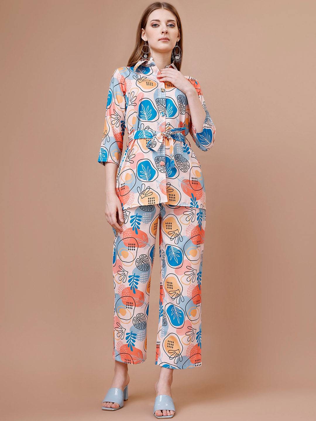 heemara Printed Shirt Collar Shirt with Palazzos