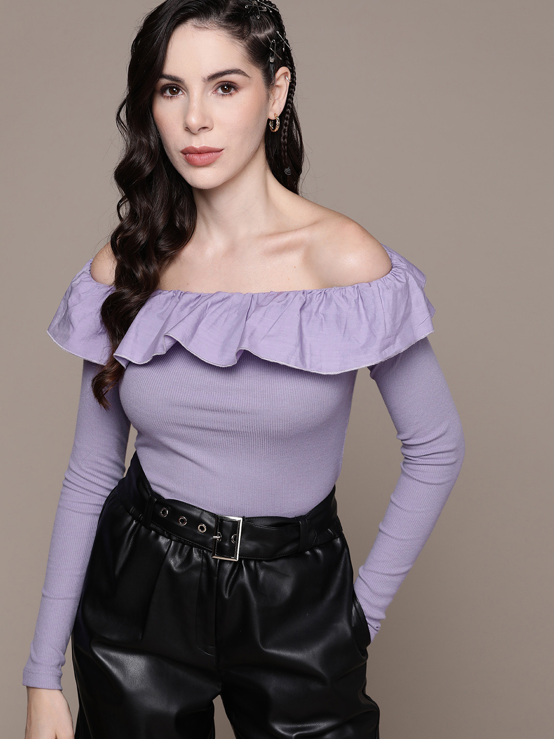 The Roadster Lifestyle Co. Ribbed Off-Shoulder Ruffles Bardot Top