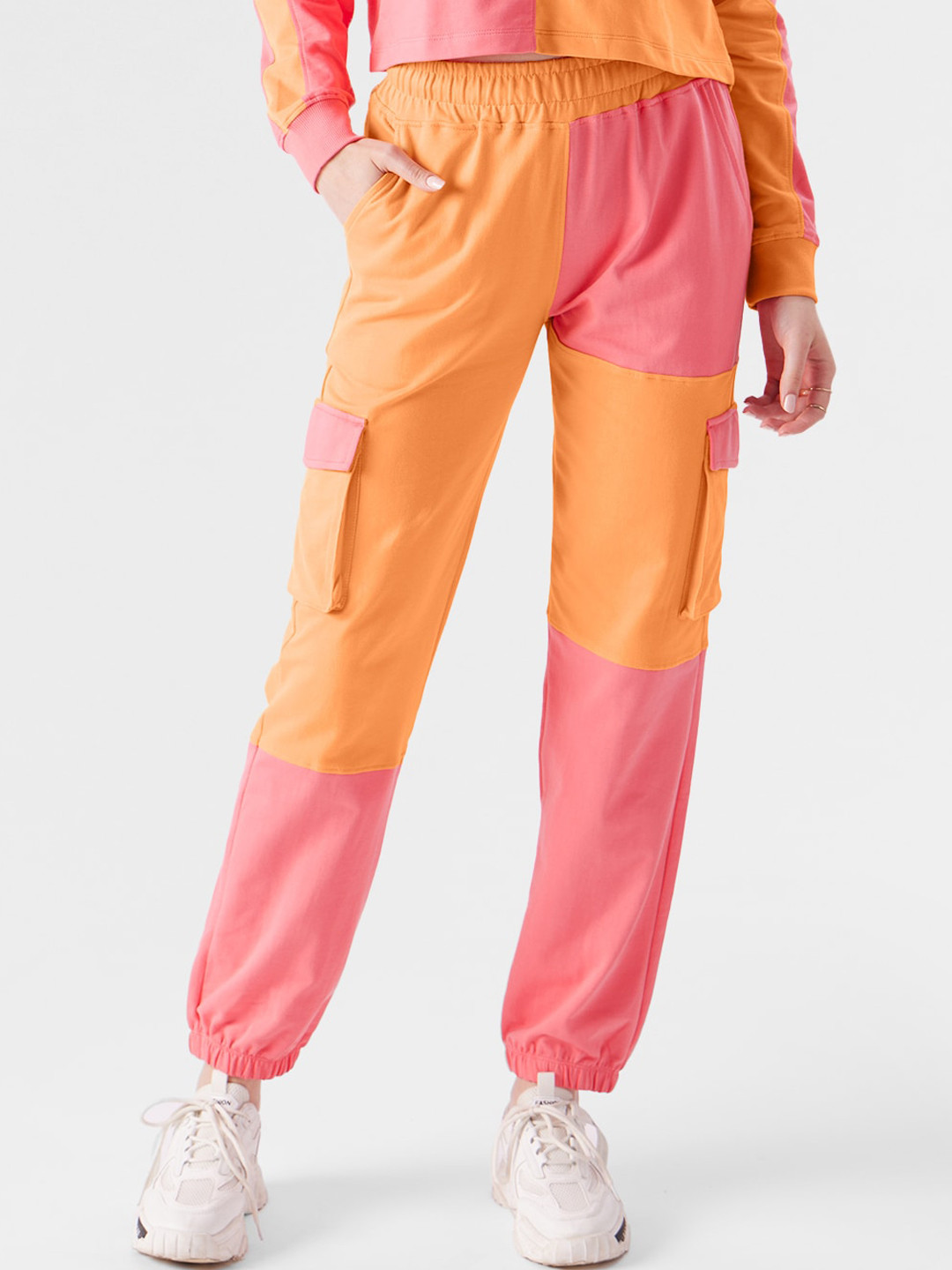 The Souled Store Women Relaxed Fit Colourblocked Pink Cargo Joggers