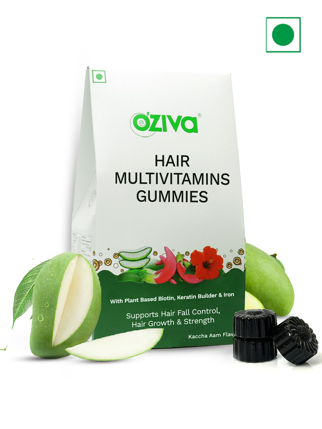 OZiva Raw Mango Flavoured Hair Multivitamins Gummies with Biotin & Keratin - 30 Gummies