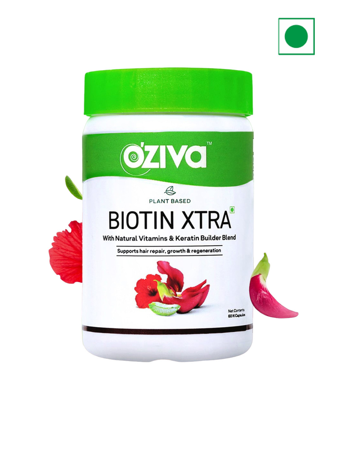 OZiva Plant Based Biotin Xtra Capsules with Vitamins & Keratin Builder - 60 Veg Capsules