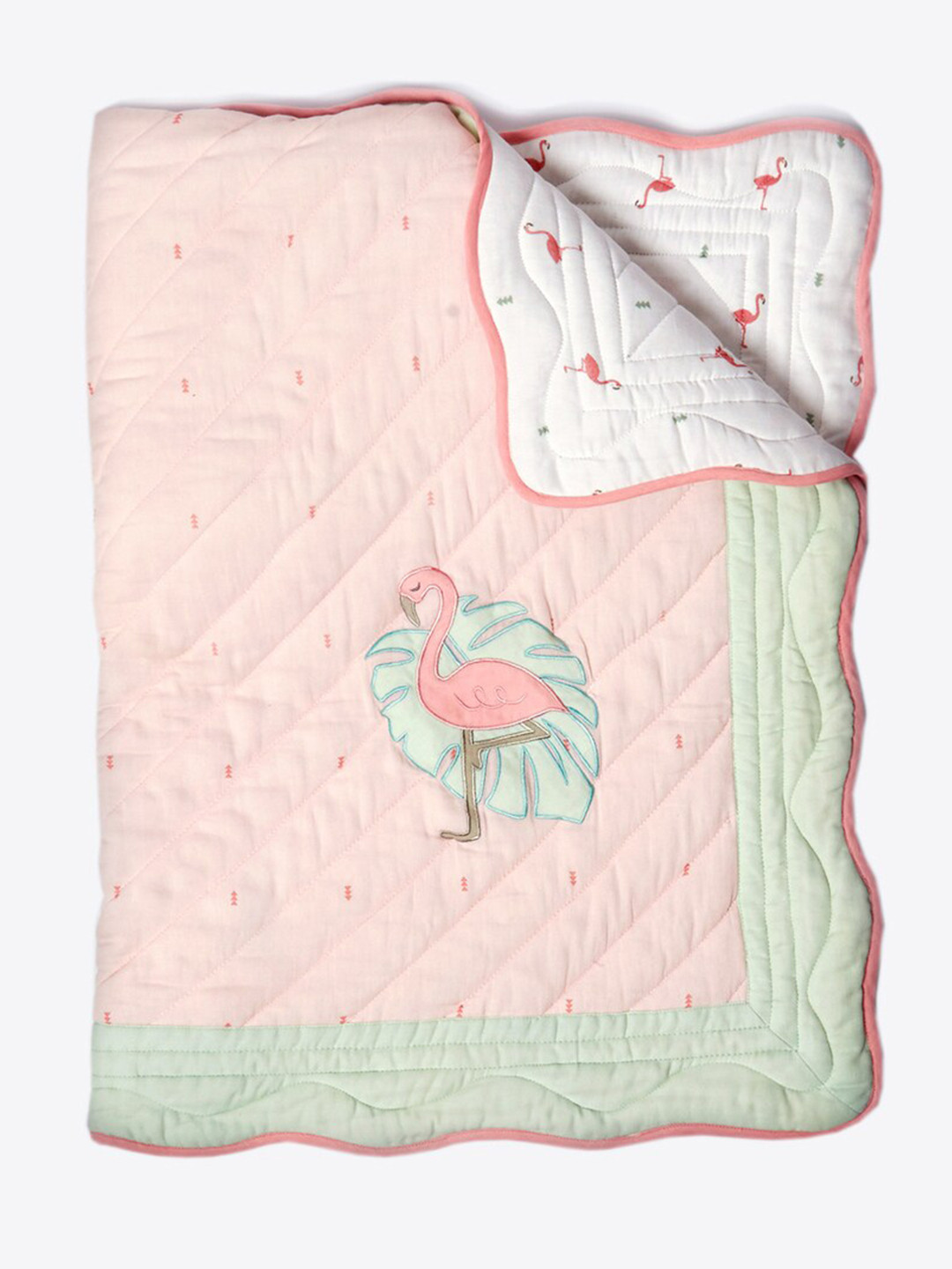 Masilo Hello Flamingo Pink & Green Ethnic Motifs AC Room Single Bed Quilt