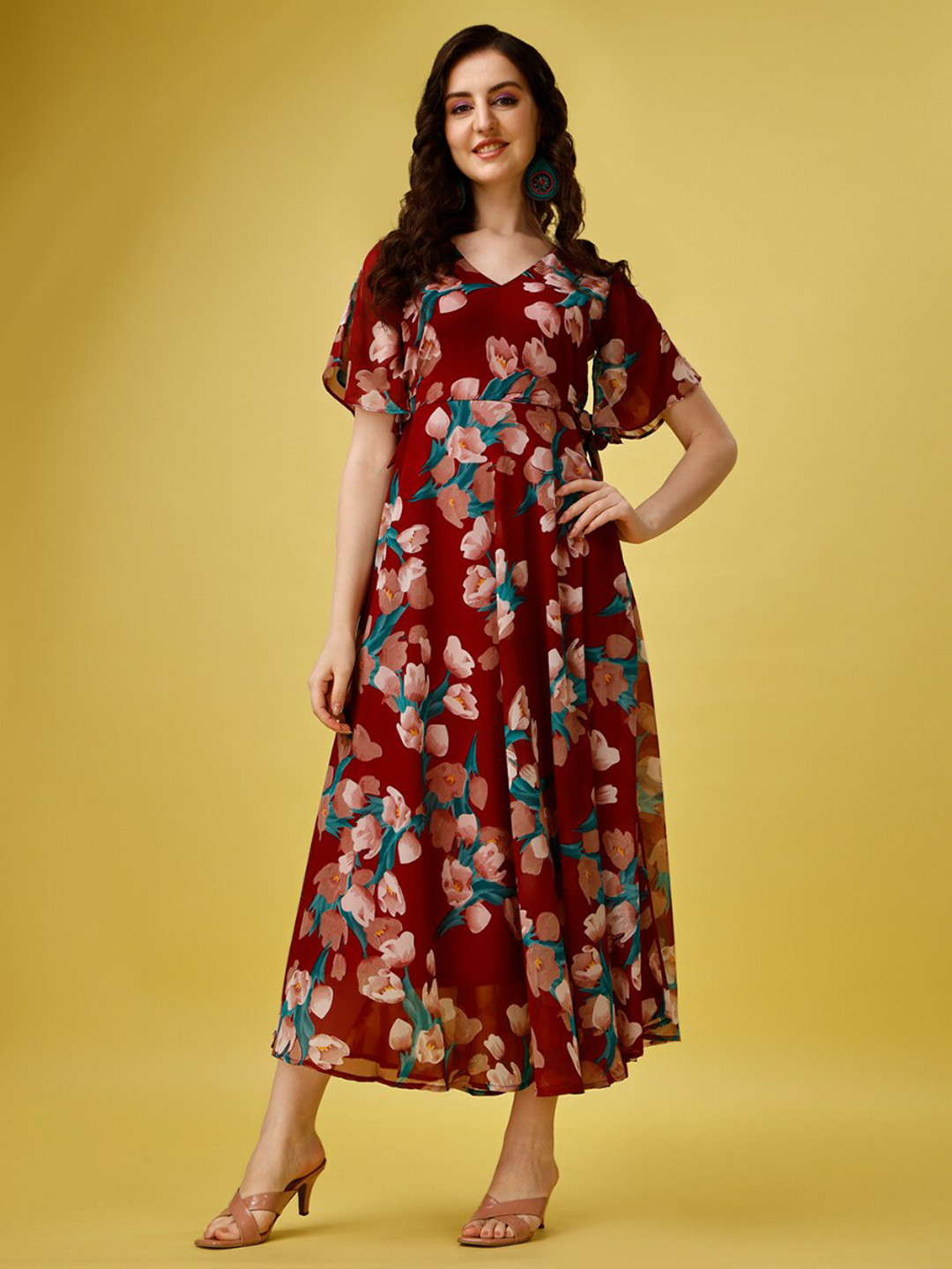 Fashion2wear Maroon Floral Print Georgette A-Line Maxi Dress