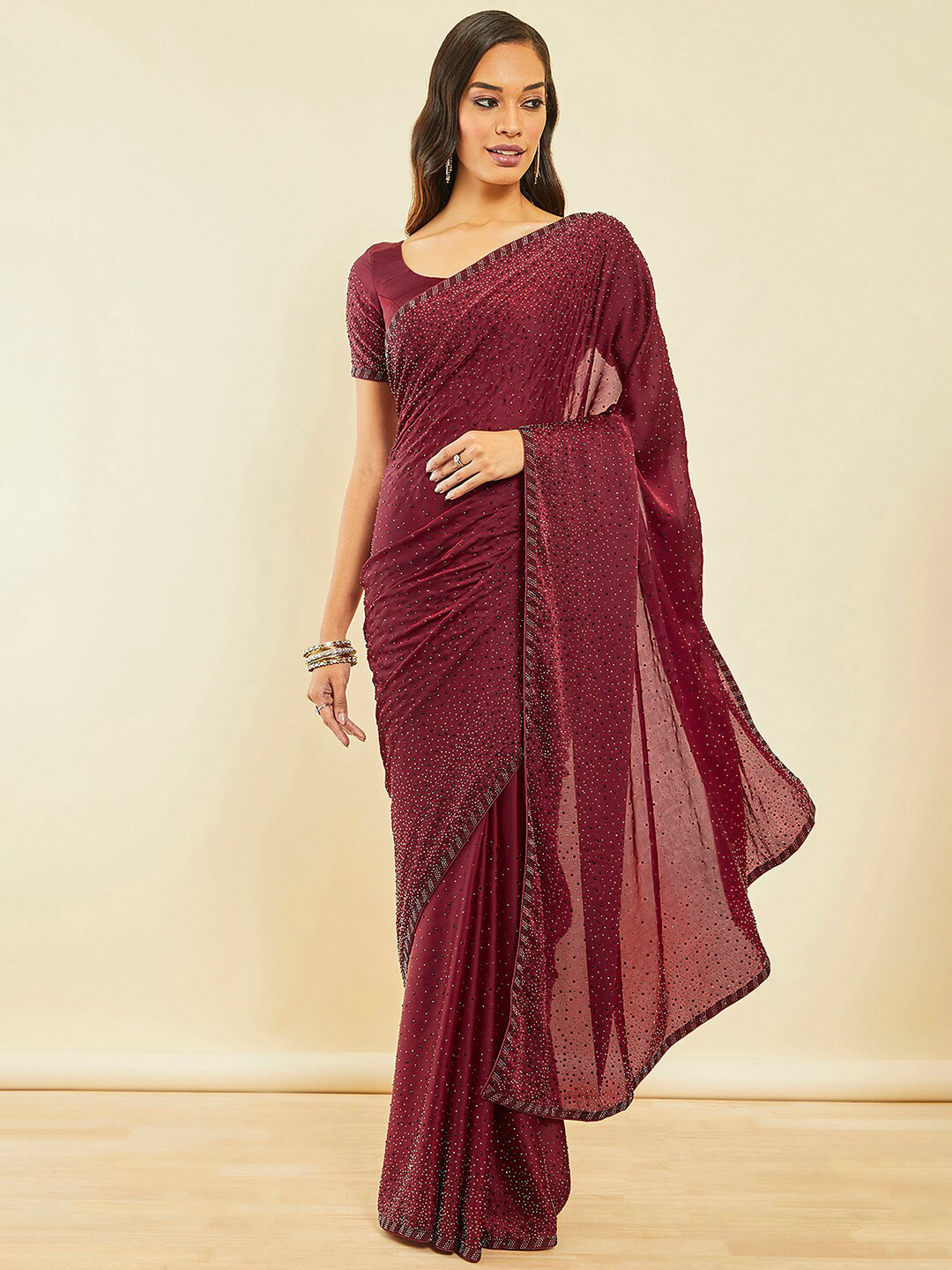 Soch Maroon & Black Embellished Beads and Stones Saree