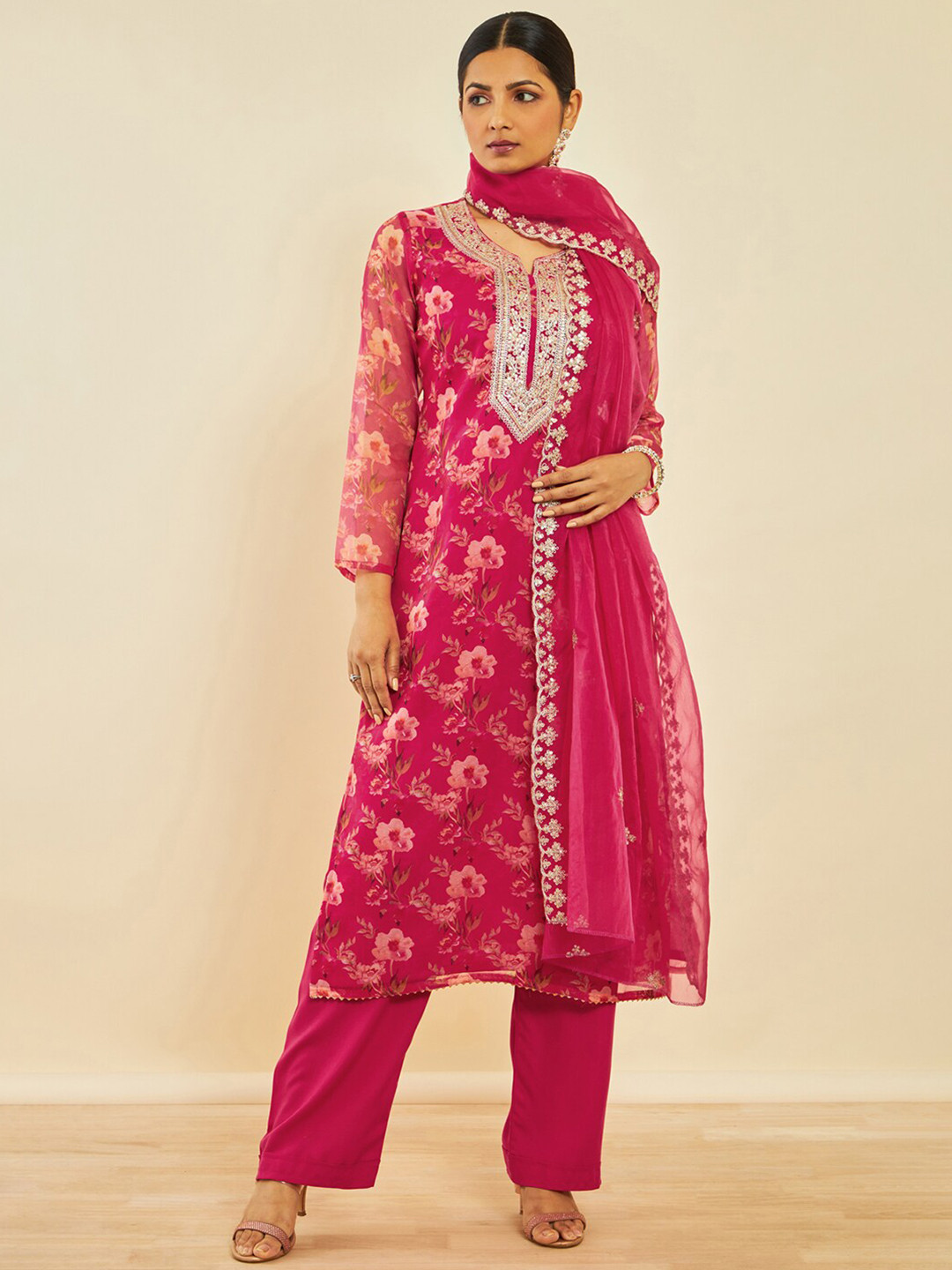 Soch Pink Floral Printed Sequinned Unstitched Dress Material