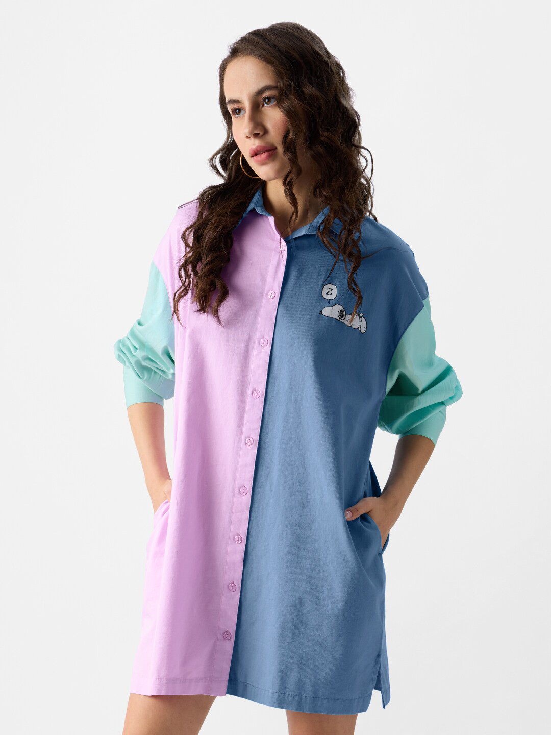 The Souled Store Lavender & Blue Colourblocked Long Sleeves Pure Cotton Shirt Style Dress