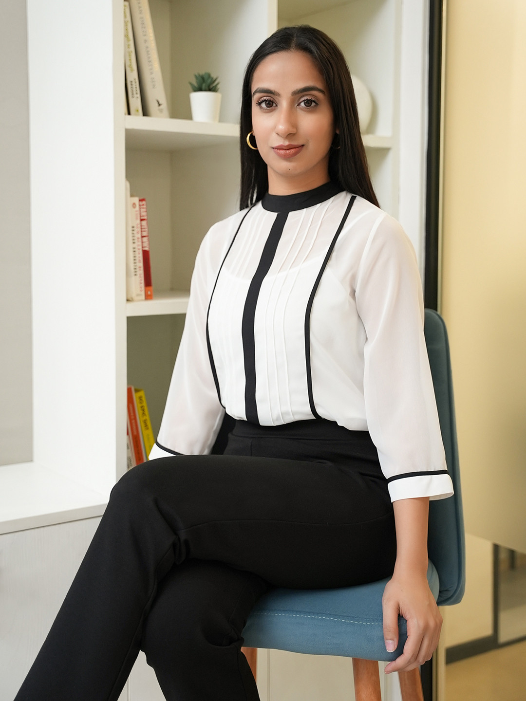 FableStreet Colourblocked High Neck White Top