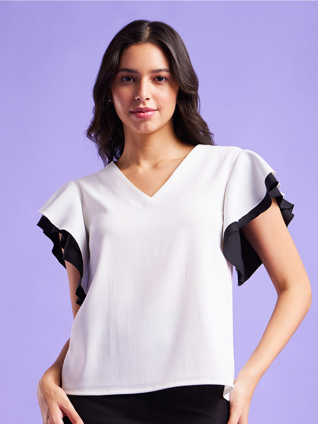 FableStreet V-Neck Flutter Sleeve White Top