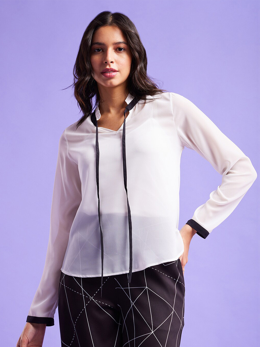FableStreet Tie Up Neck Regular White Top