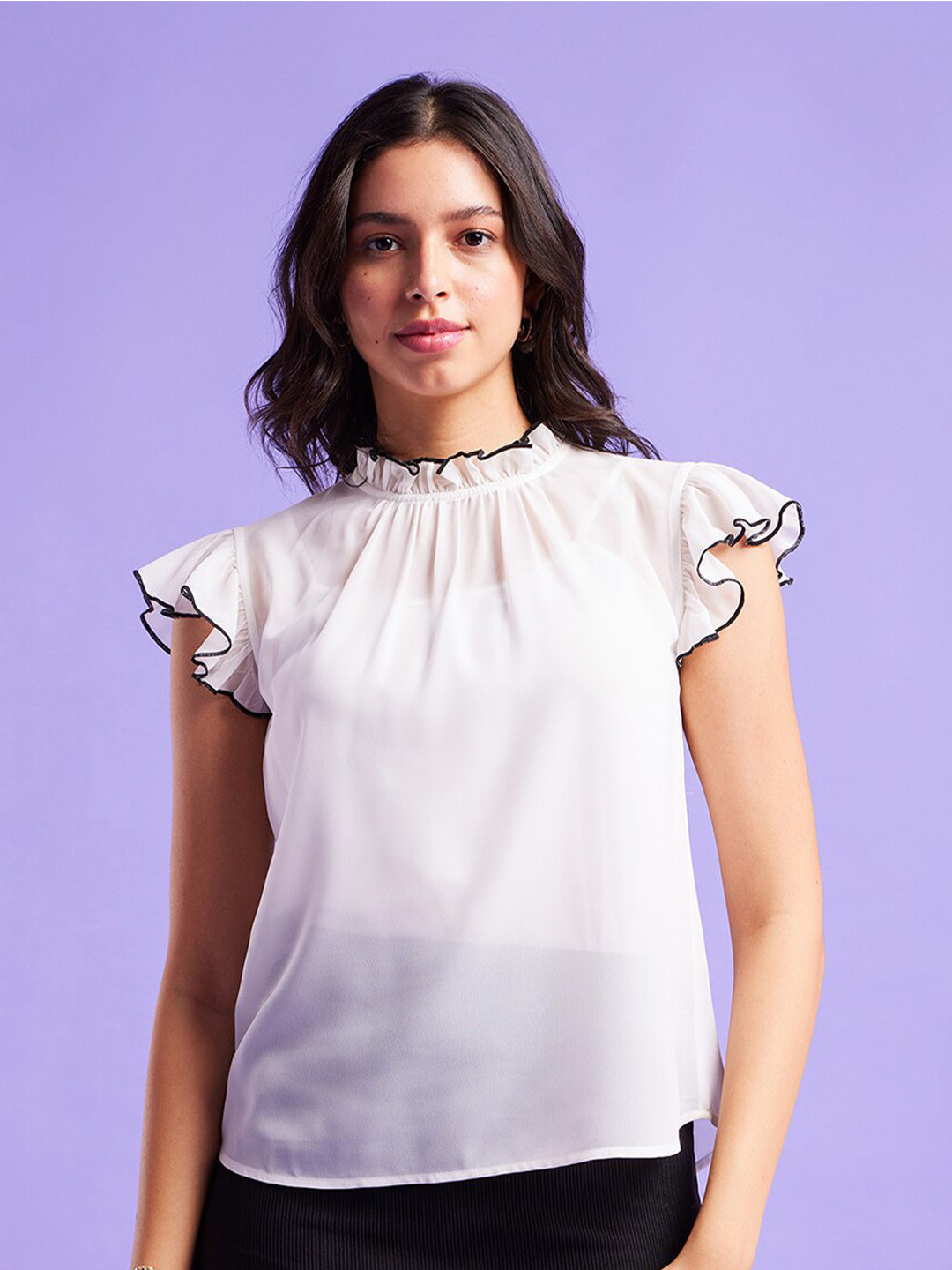 FableStreet High Neck Flutter Sleeves White Top