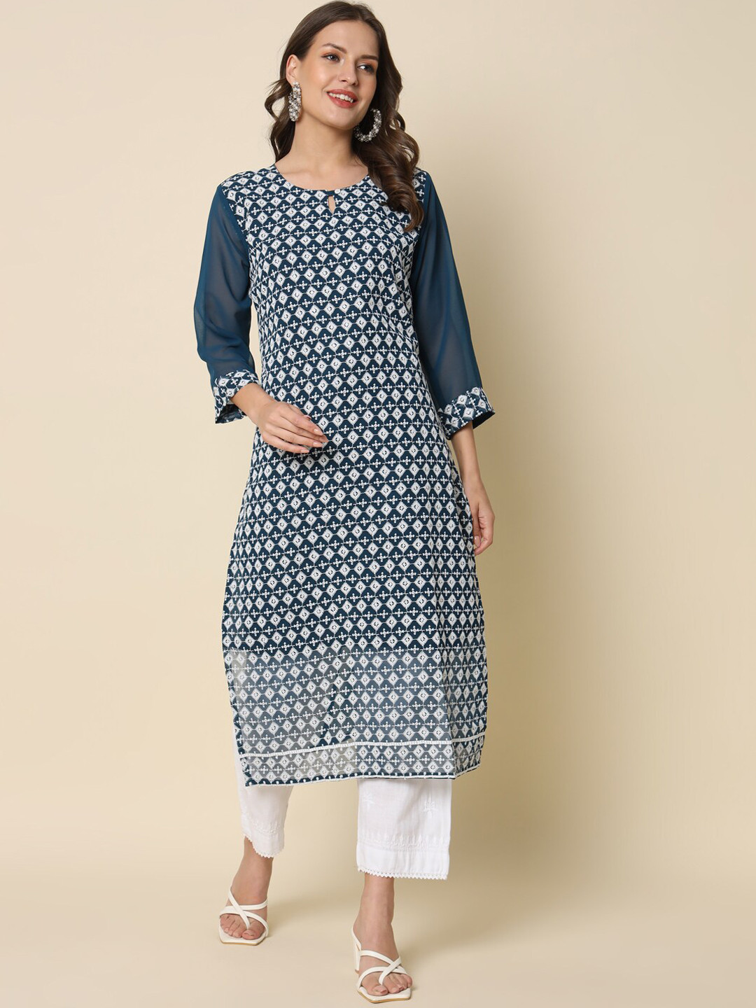 PPTOSS Ethnic Printed Keyhole Neck Georgette Casual Kurta