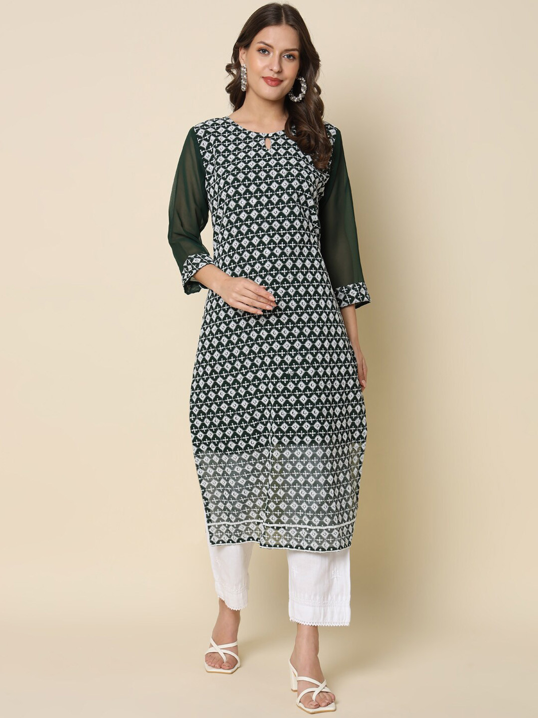 PPTOSS Ethnic Printed Keyhole Neck Georgette Casual Kurta