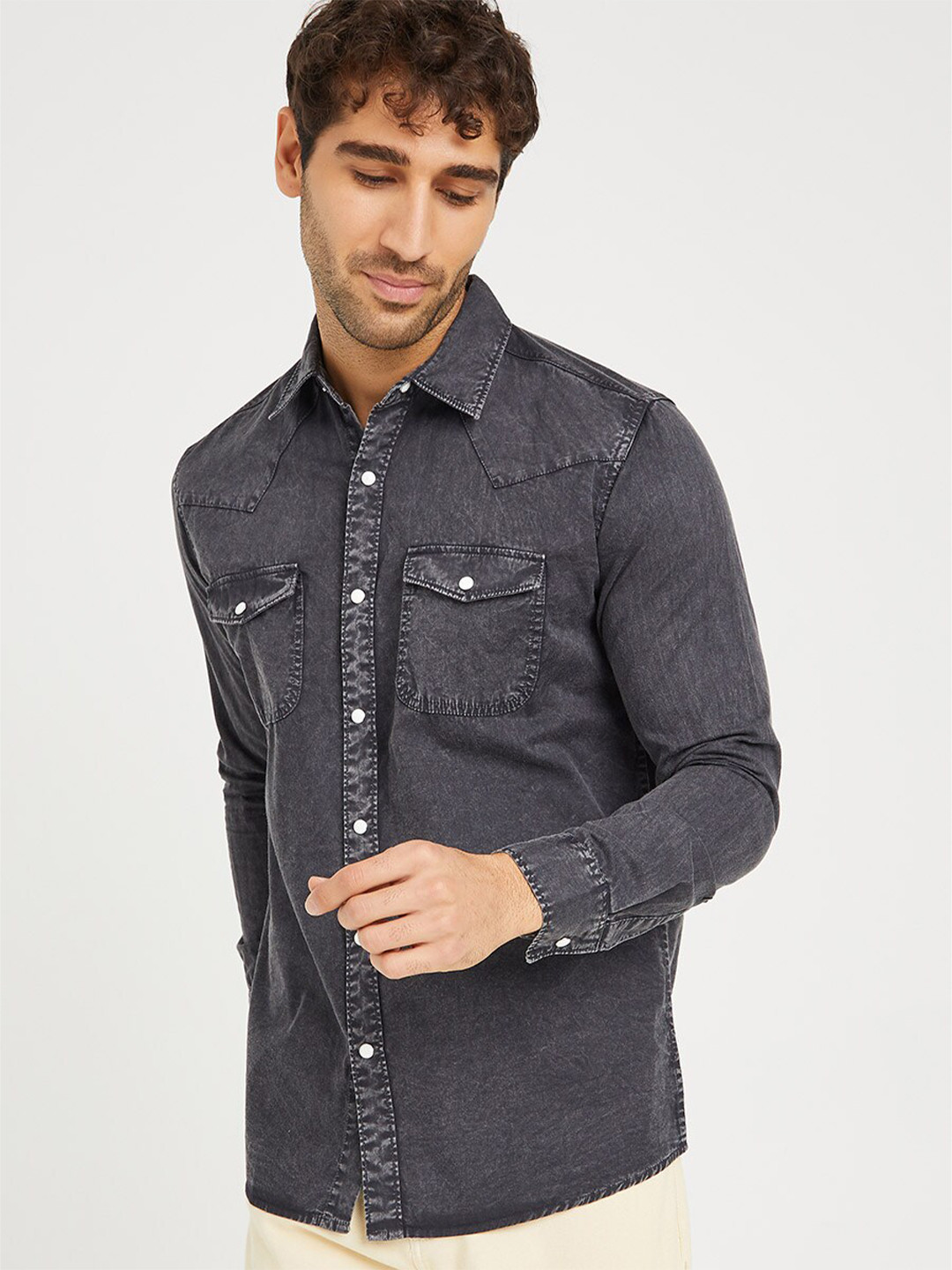 Styli Washed Denim Shirt with Snap Buttons