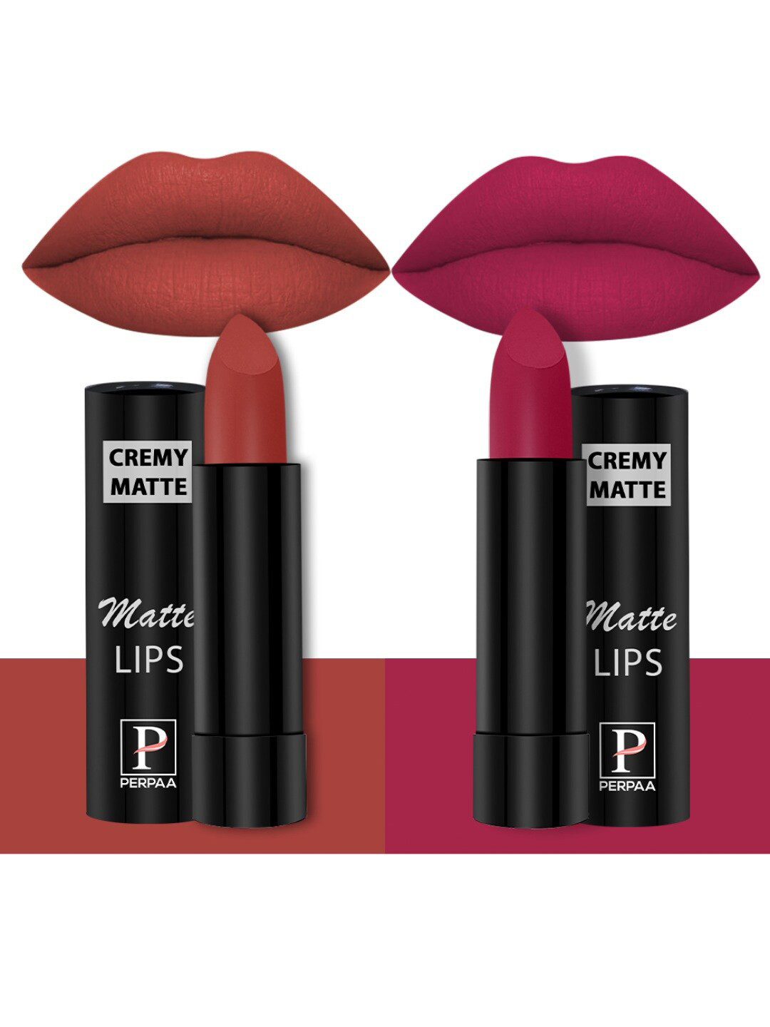 PERPAA Set Of 2 Creamy Matte Bullet Lipstick - 3.5g Each - Red Bloom 55 - Ruby Magenta 84