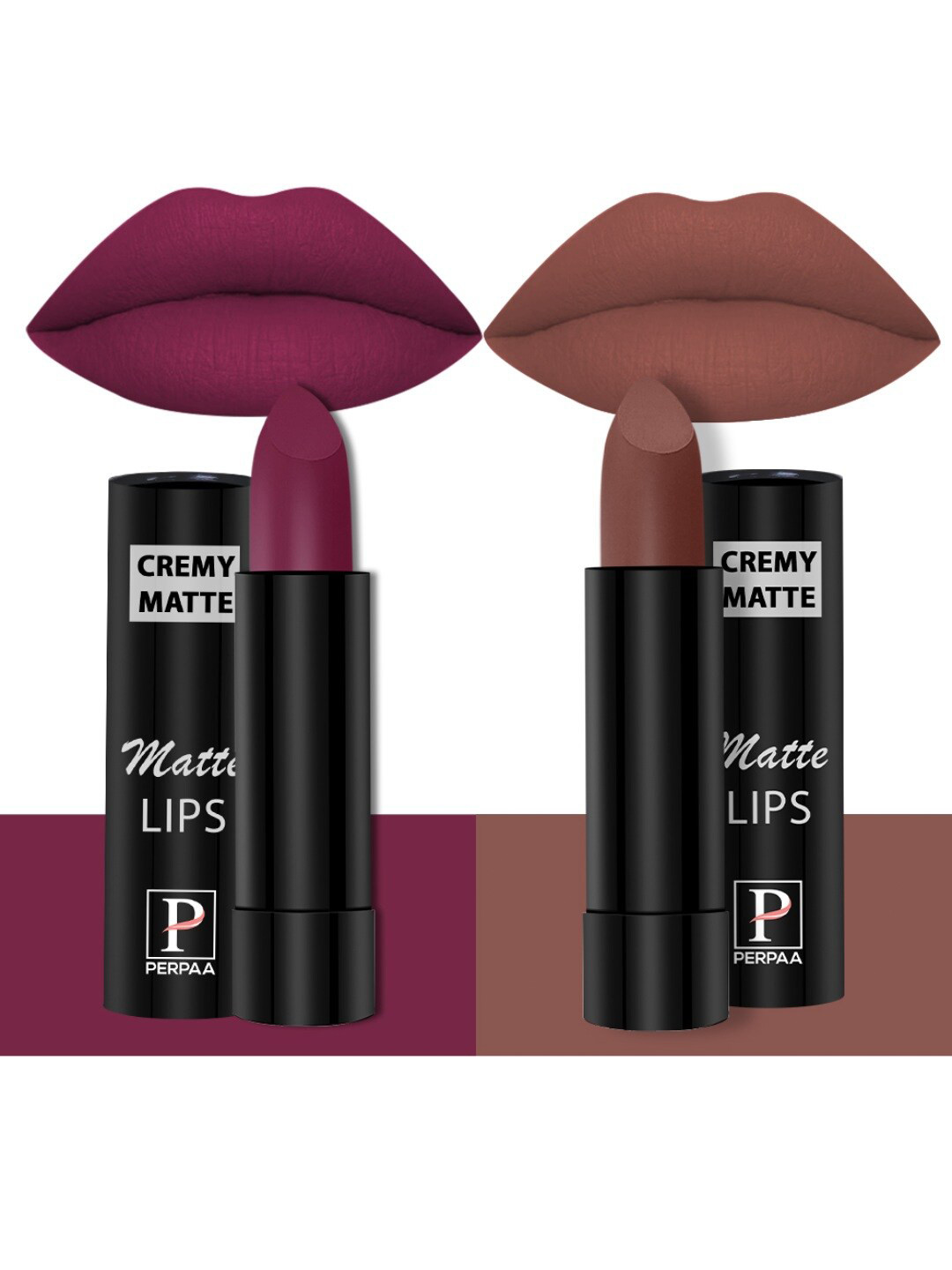 PERPAA Creamy Matte 2-Pcs Long Lasting Bullet Lipstick -Cherry Red 52 - Nude Brown 111