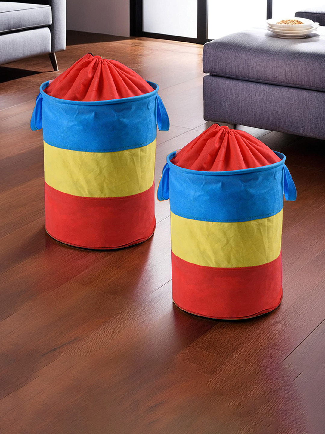 Kuber Industries Blue & Red 2 Pieces Round Fabric Laundry Bags 45 L