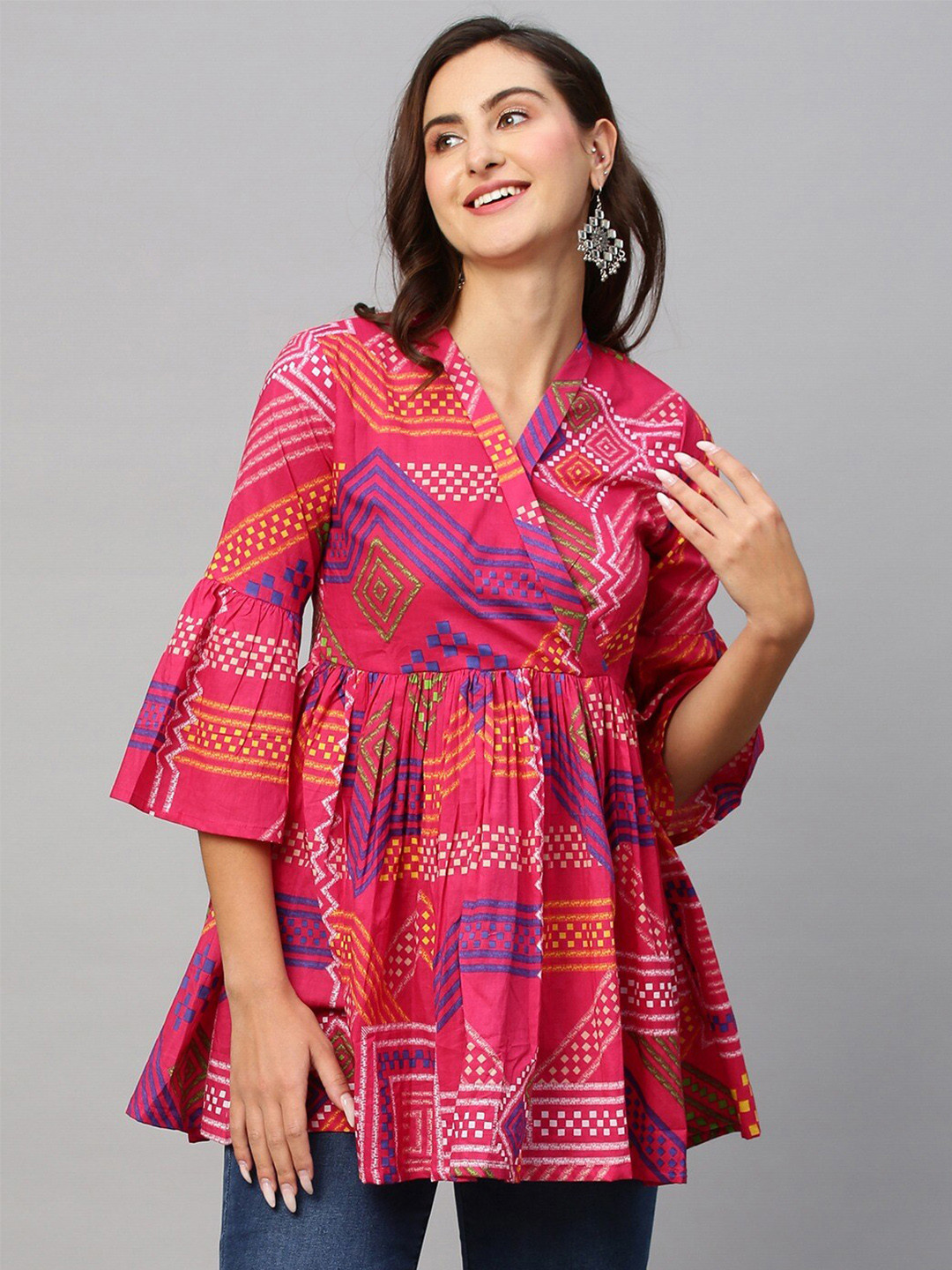 Sangria Bandhani Printed V-Neck Pure Cotton Angrakha Anarkali Short Kurti