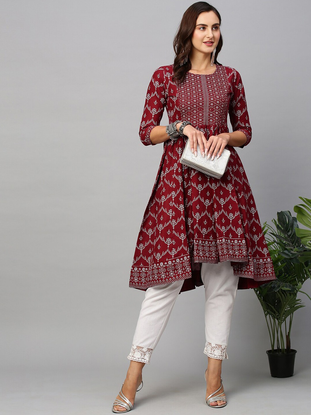 Sangria Maroon Ethnic Motifs Printed Cotton Anarkali Kurta