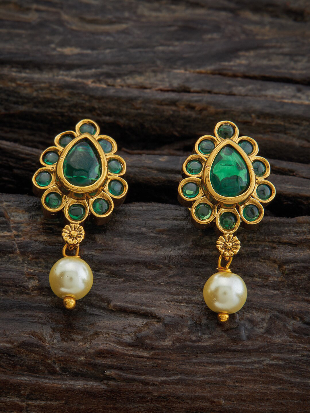Kushal's Fashion Jewellery Green Teardrop Shaped Studs Earrings