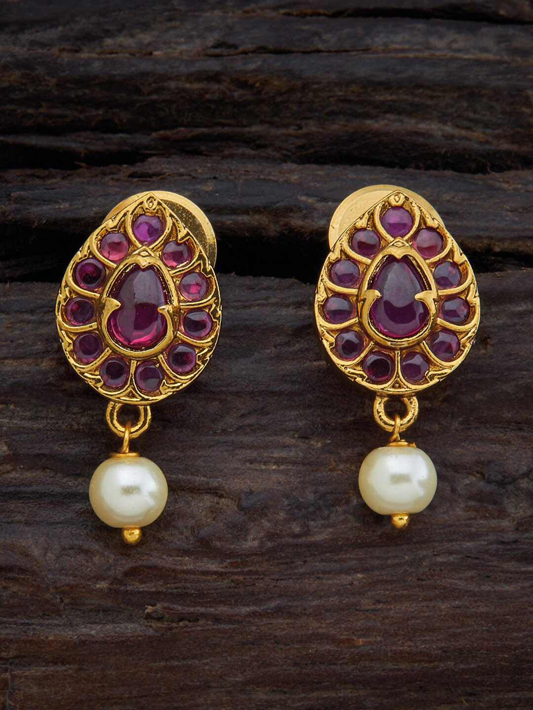 Kushal's Fashion Jewellery Gold-Plated Ruby-Studded Teardrop Shaped Drop Earrings