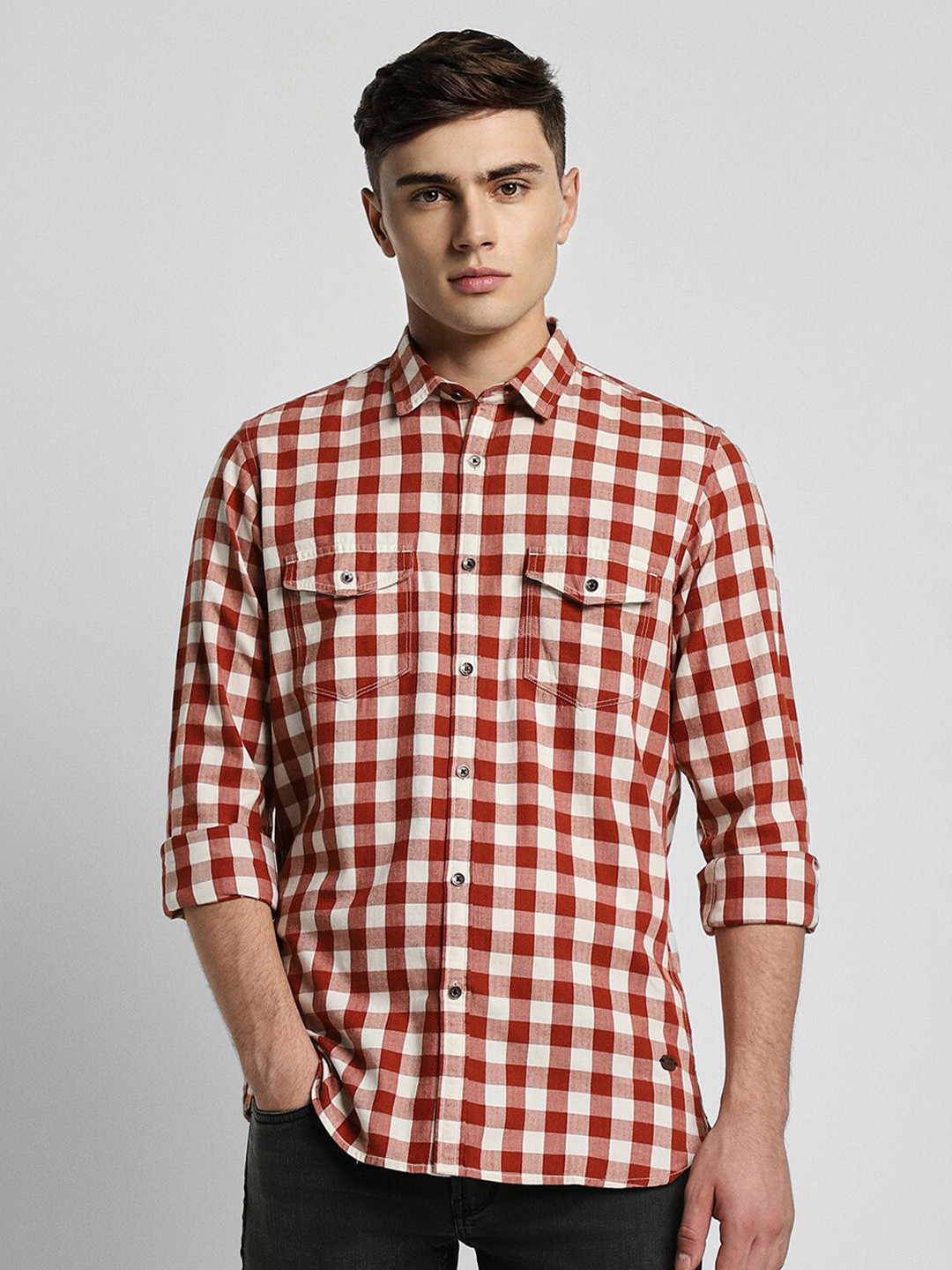 Peter England Gingham Checks Checked Opaque Slim Fit Pure Cotton Casual Shirt