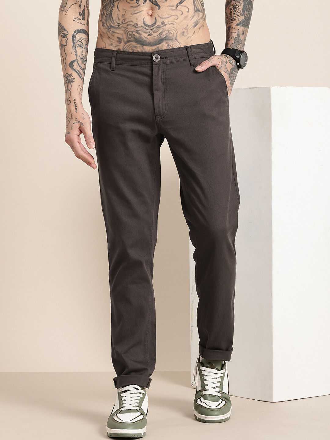 HERE&NOW Men Slim Fit Pure Cotton Chinos Trousers