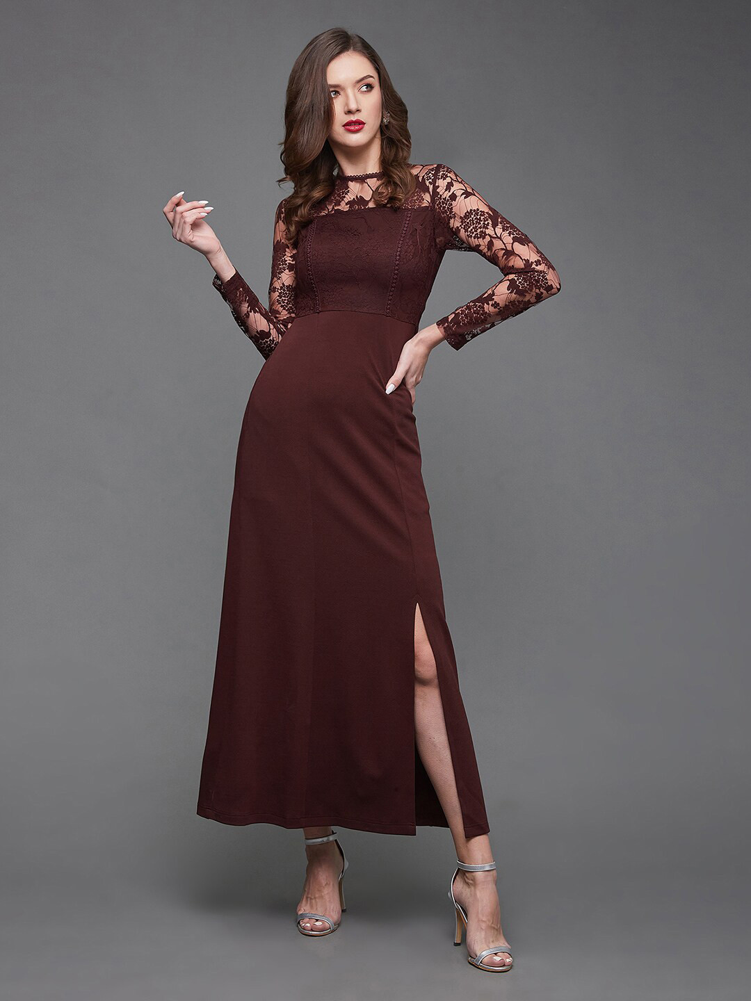 Miss Chase Coffee Brown Coloured Self Design Maxi Sheath Dress