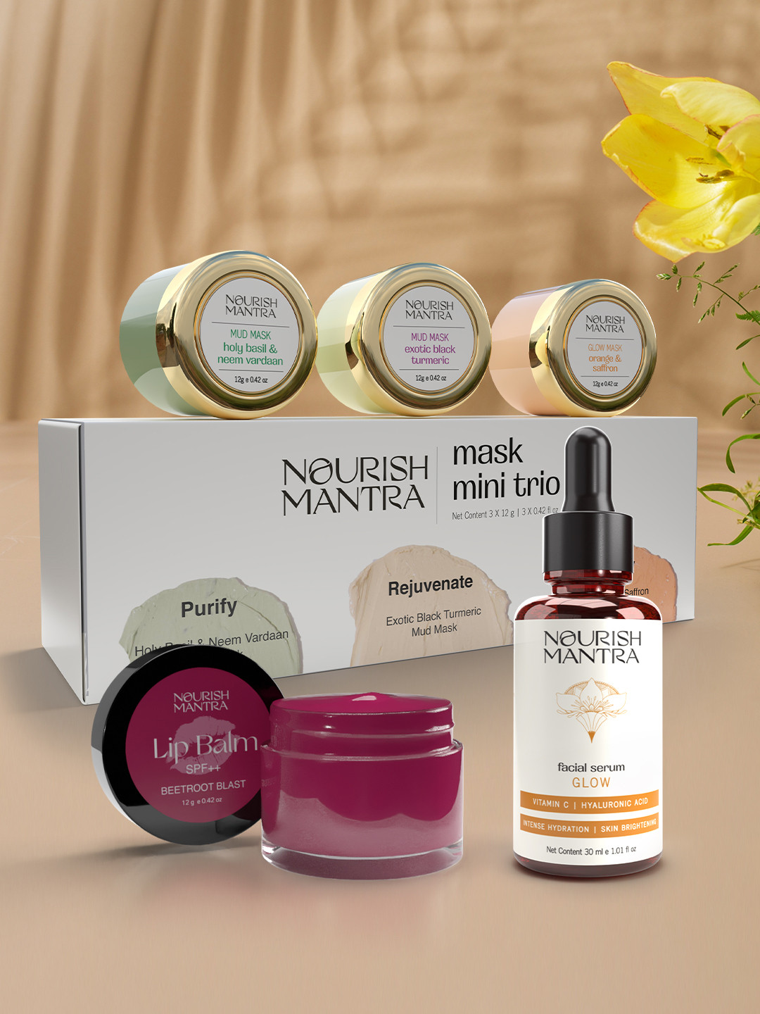Nourish Mantra Beetroot Blast Lip Balm Glow Serum & Mask Mini Trio Skin Care Gift Set