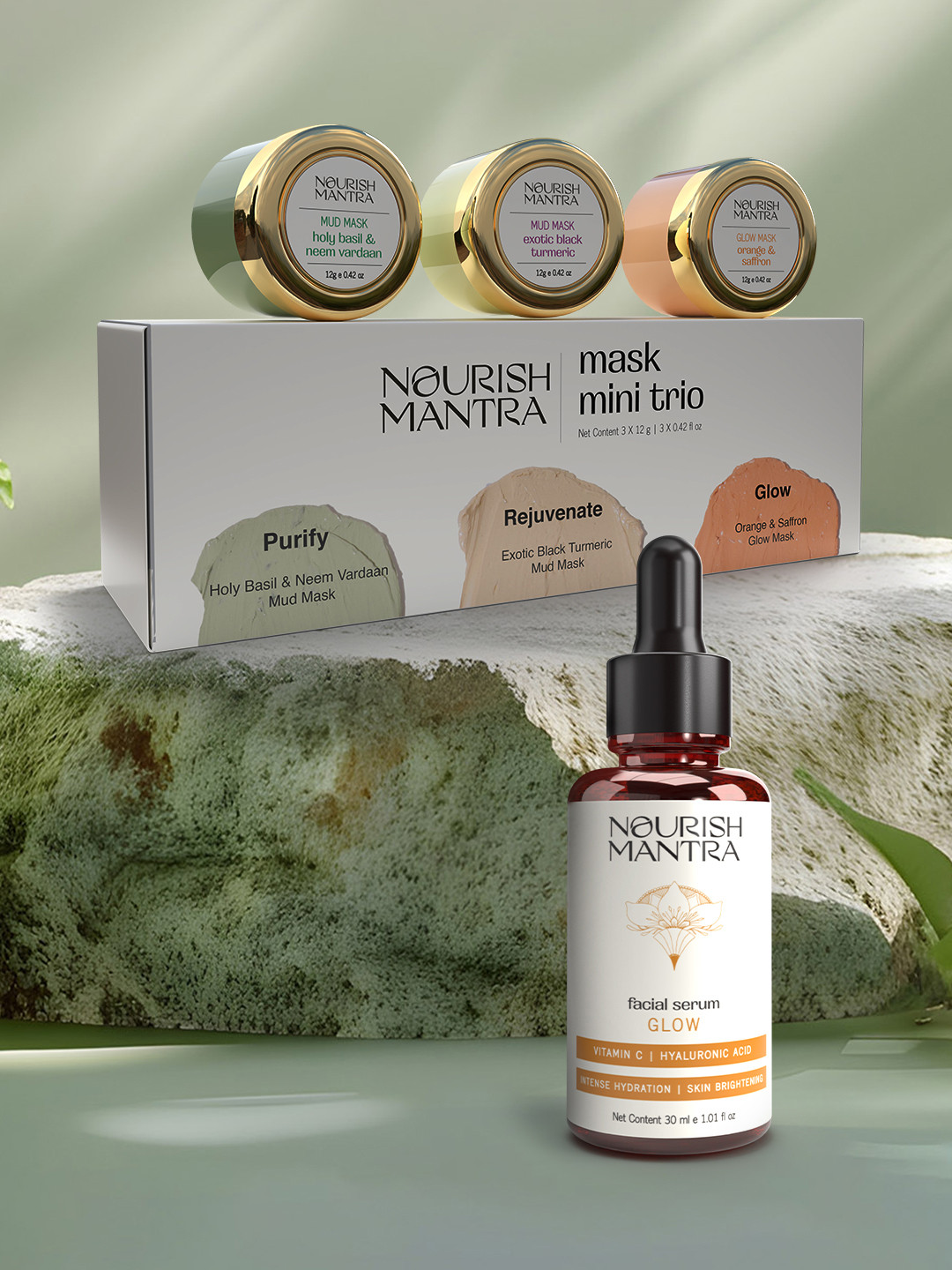 Nourish Mantra Set Of 2 Glow Serum 30ml & Mask Mini Trio 12g Each
