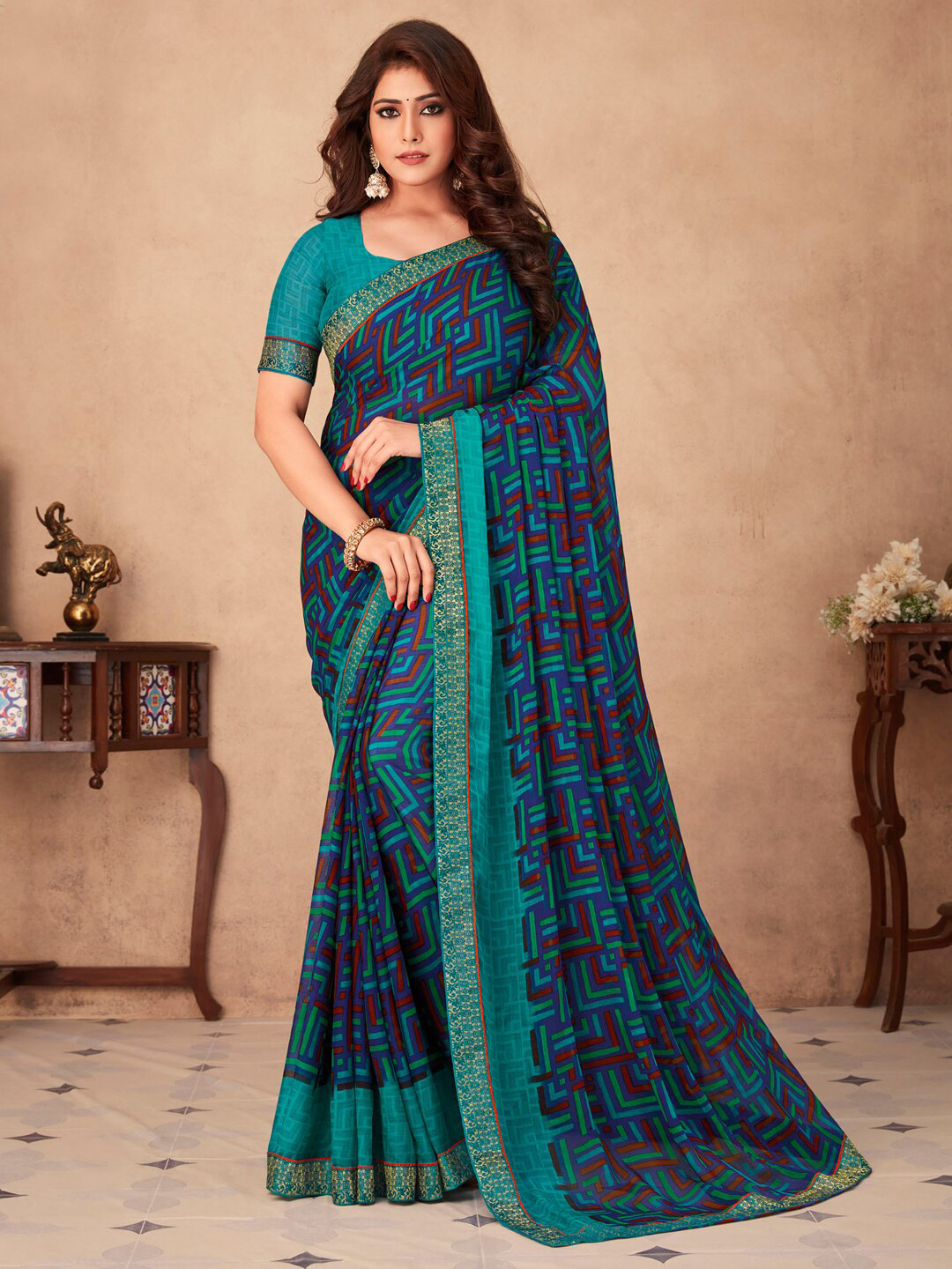 Anouk Rustic Geometric Printed Zari Pure Chiffon Bagru Saree