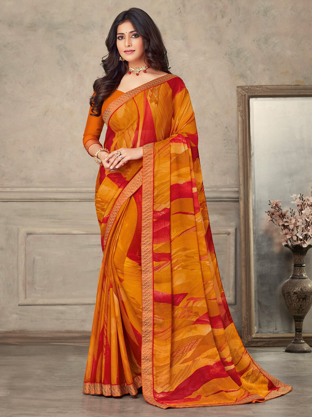 Anouk Rustic Mustard & Red Abstract Printed Zari Pure Chiffon Saree