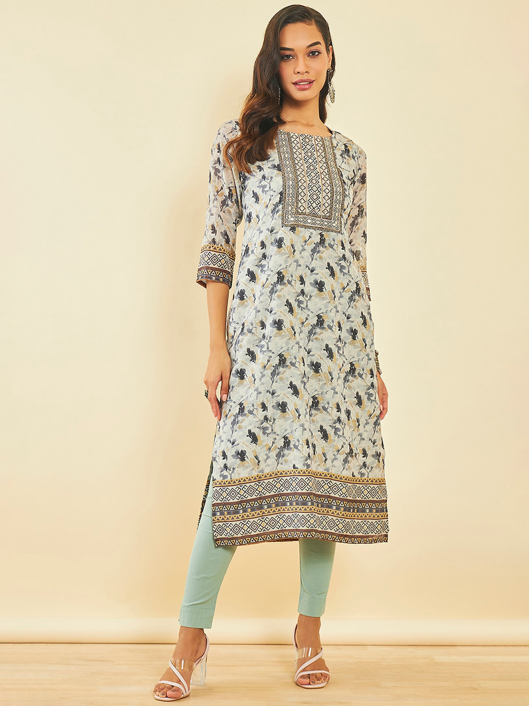 Soch Floral Printed Sequined Chanderi Silk Kurta