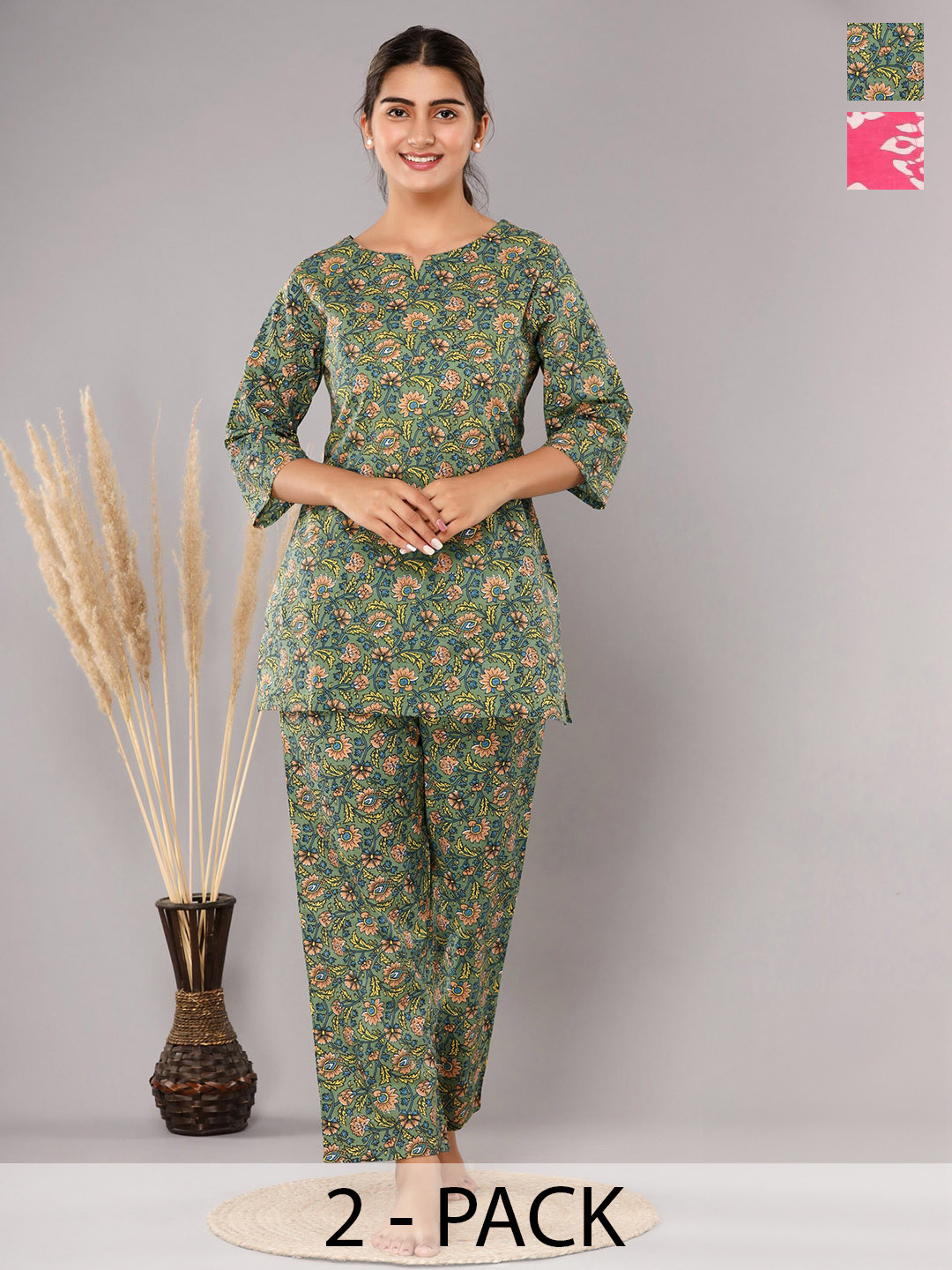 Krati Creations Pack Of 2 Floral Printed Pure Cotton Night suit