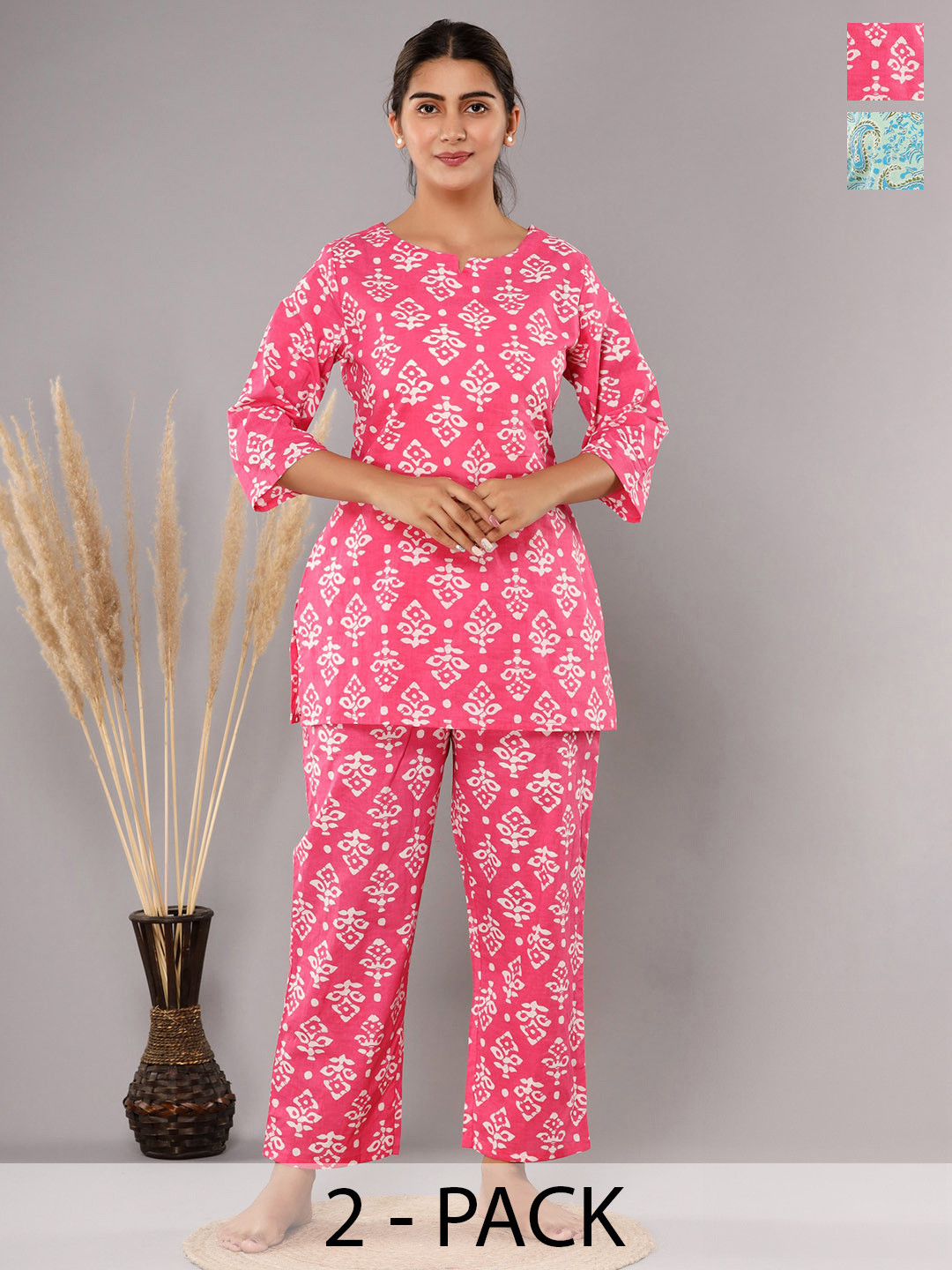Krati Creations Pack Of 2 Floral Printed Pure Cotton Night suit