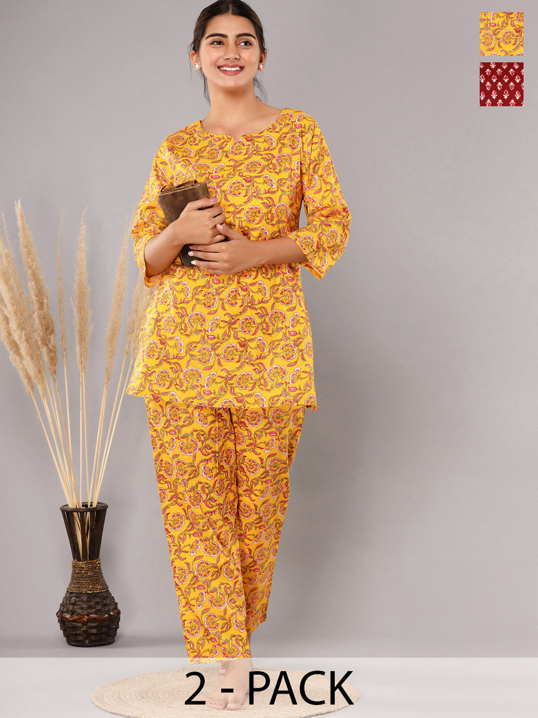 Krati Creations Pack Of 2 Floral Printed Pure Cotton Night suit